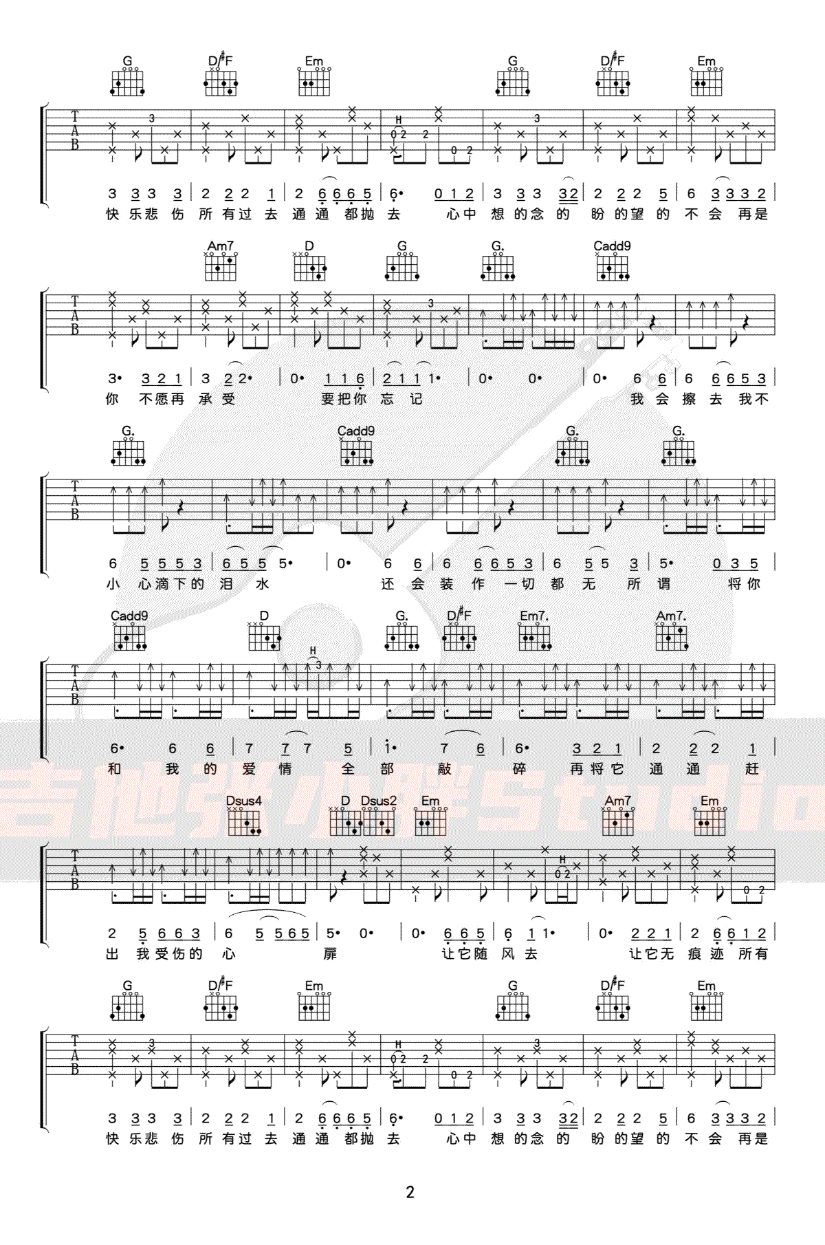 伍佰《浪人情歌》吉他谱_G调指法原版弹唱谱-图2