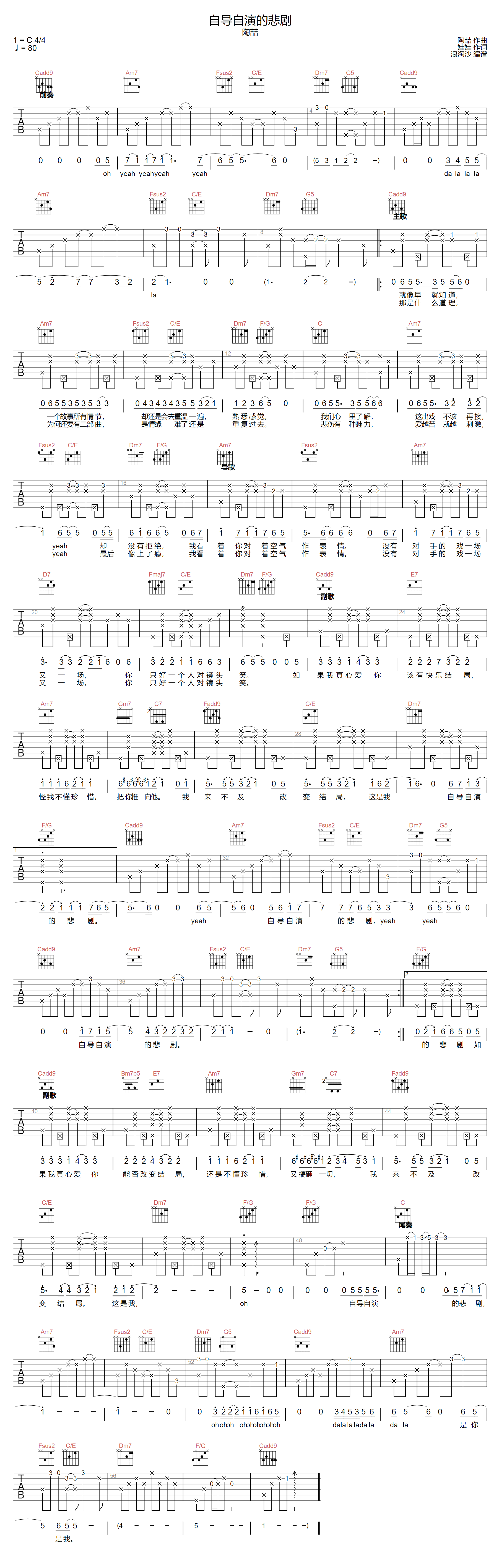 陶喆《自导自演的悲剧》吉他谱_C调原版弹唱谱-图1