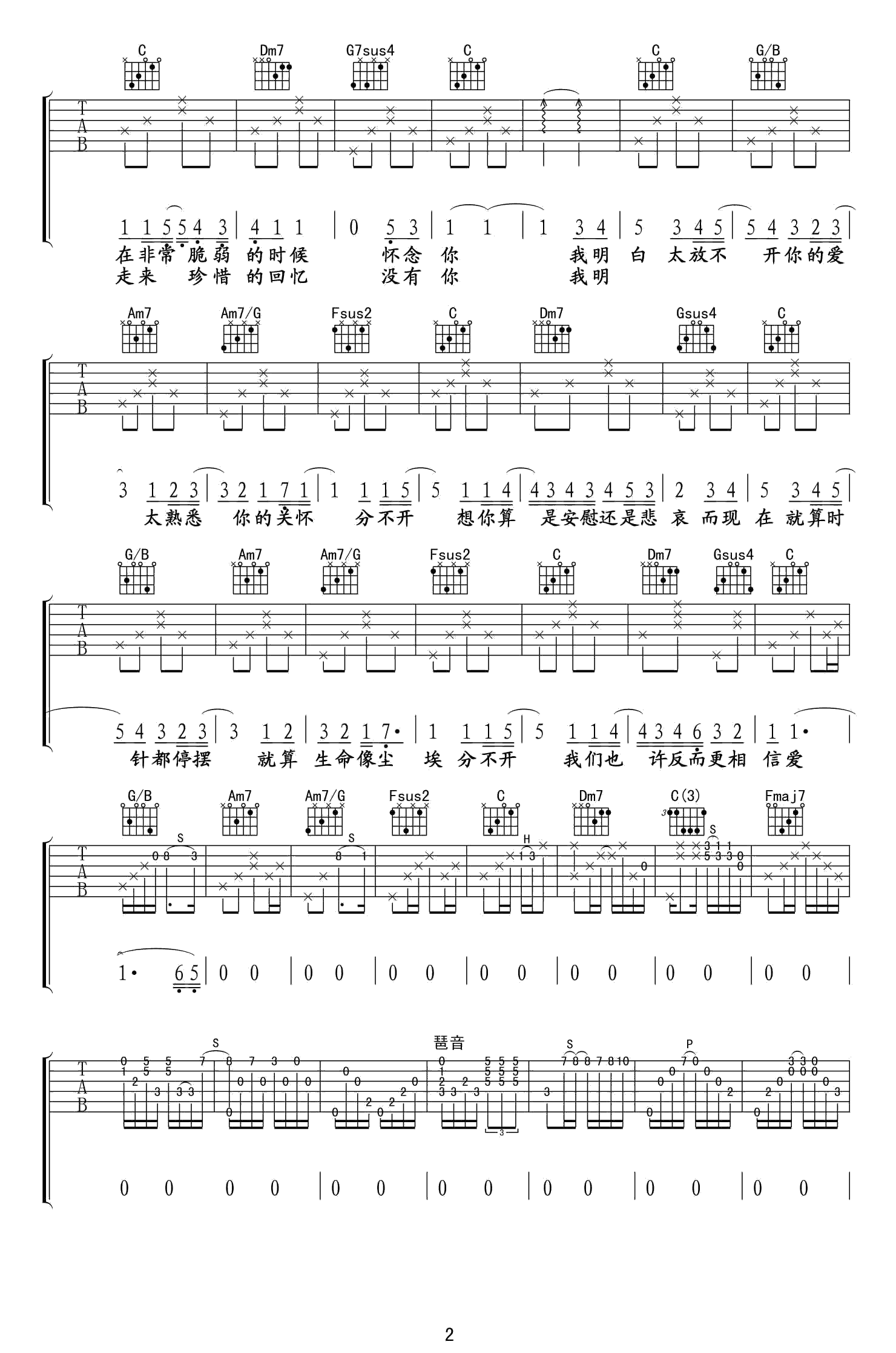 李霖/莫文蔚《忽然之间》吉他谱_C调男生版-图2