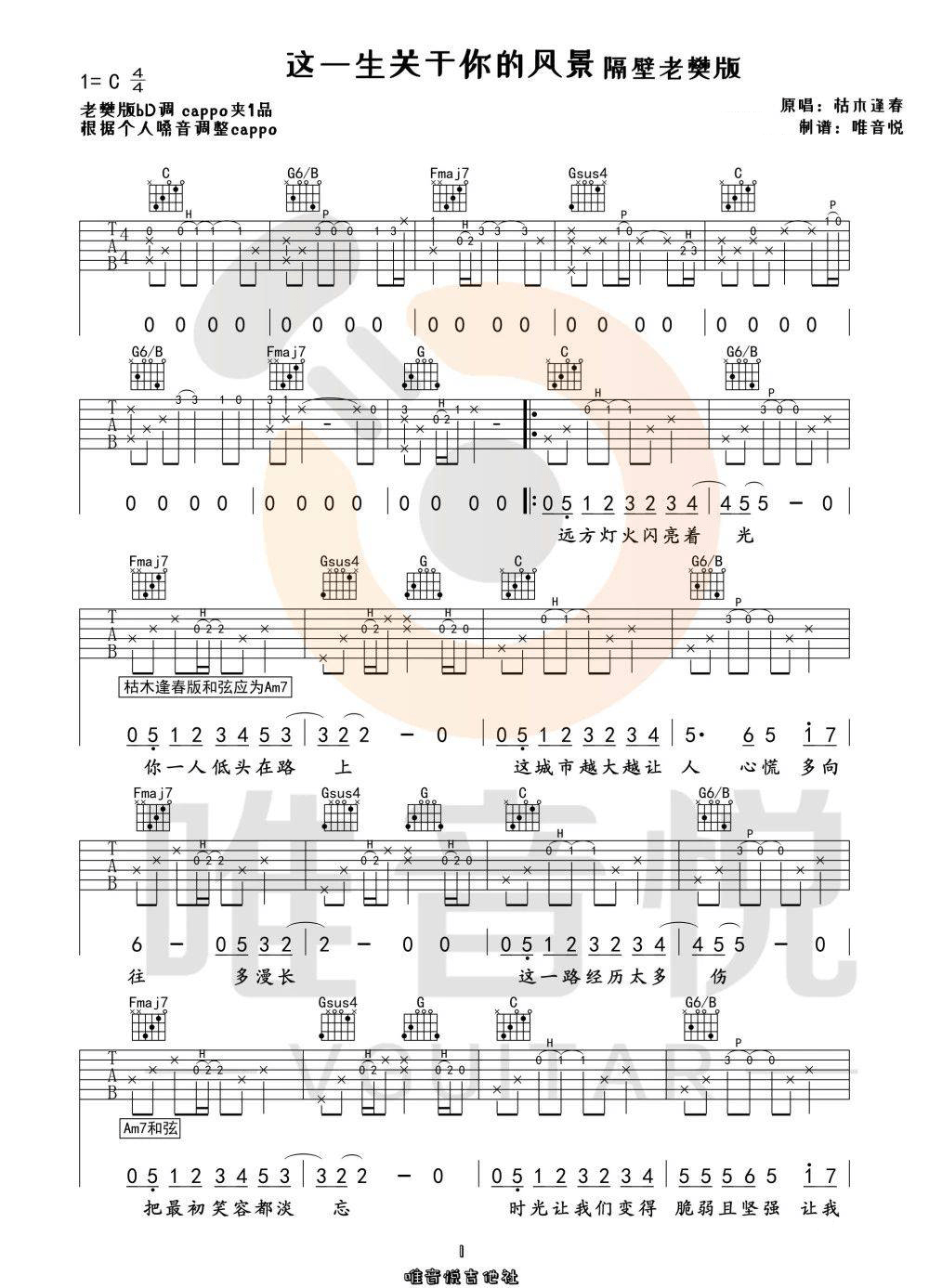 隔壁老樊《这一生关于你的风景》吉他谱_C调指法-图1