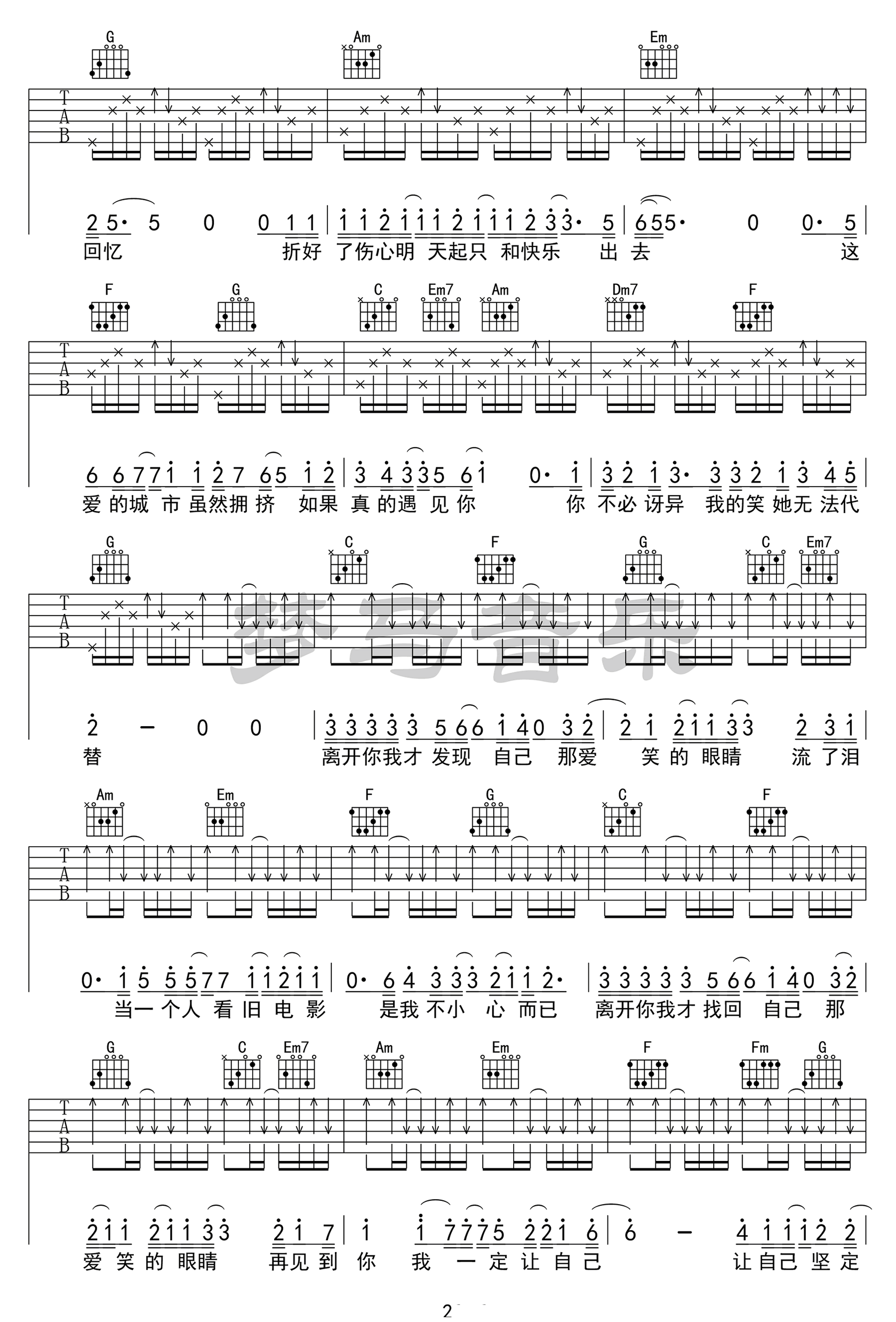 林俊杰《爱笑的眼睛》吉他谱_C调原版弹唱谱-图2