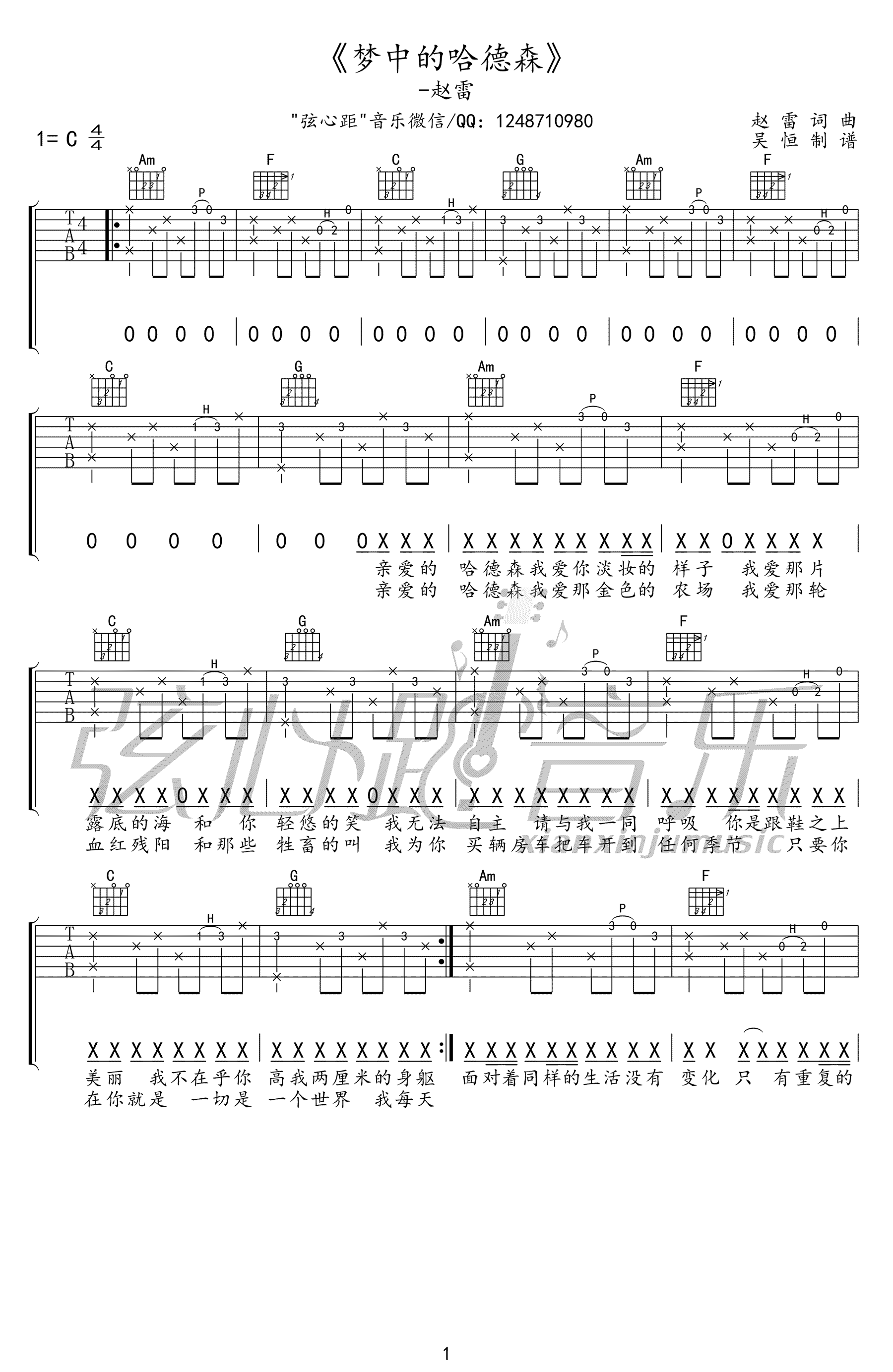 赵雷《梦中的哈德森》吉他谱_C调原版-图1