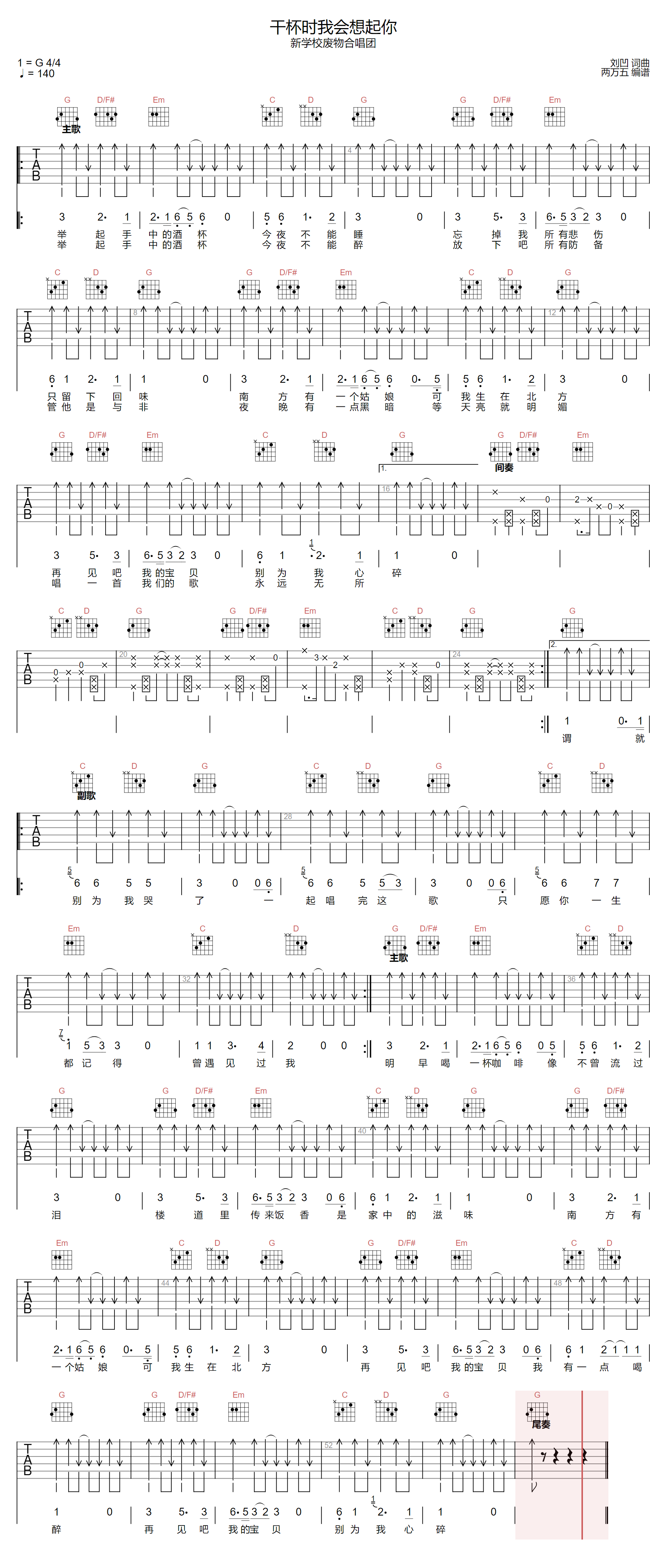 新学校废物合唱团《干杯时我会想起你》吉他谱_G调弹唱吉他谱-图1