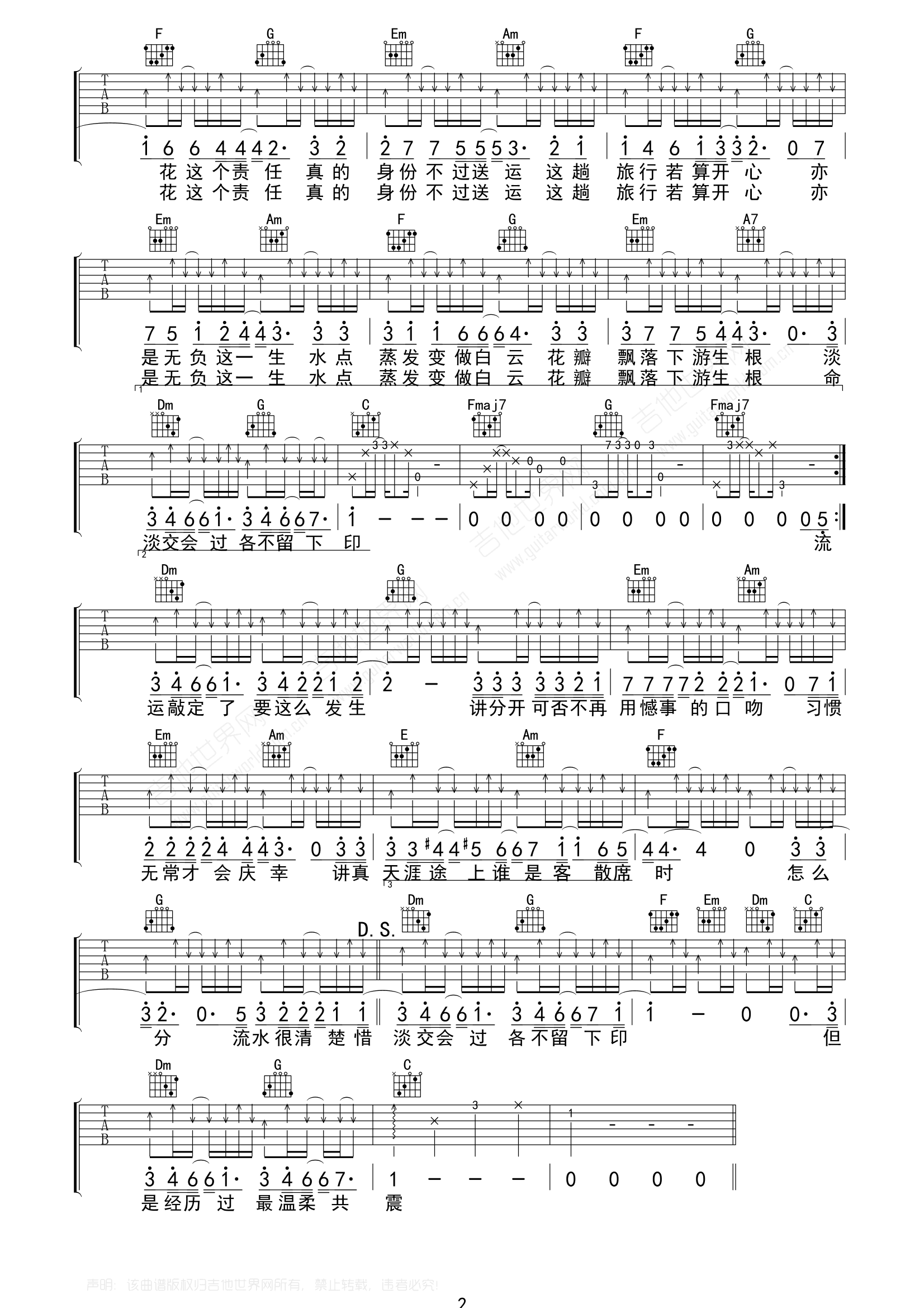 陈奕迅《落花流水》吉他谱_C调原版弹唱谱-图2