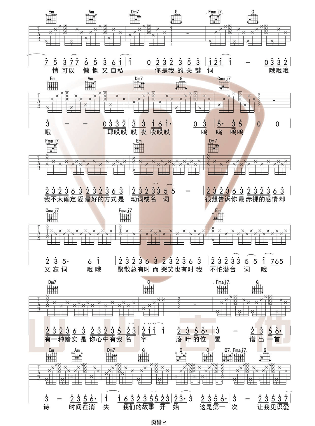 林俊杰《关键词》吉他谱_C调指法原版弹唱谱-图2