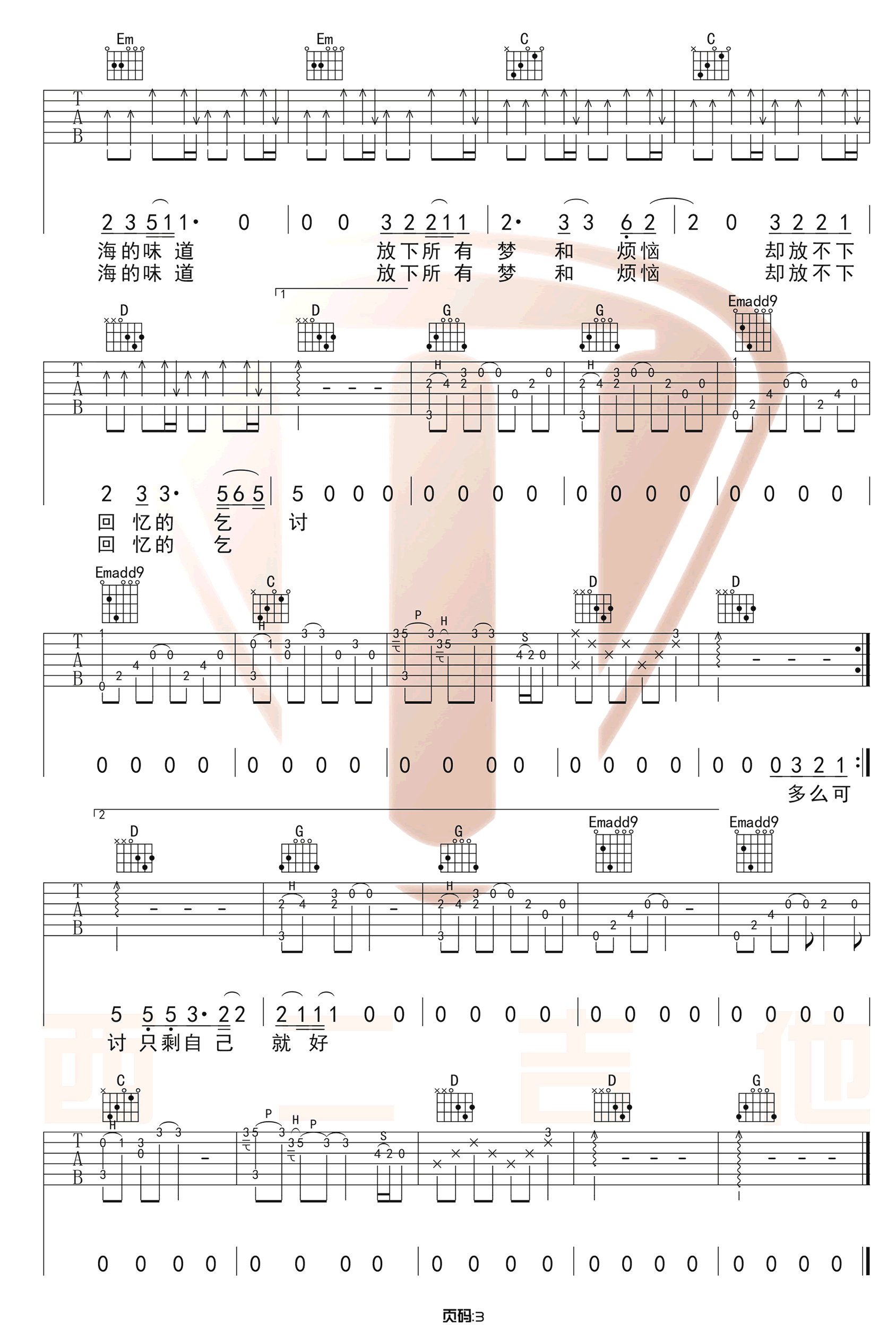 王贰浪《像鱼》吉他谱_G调指法原版弹唱谱-图3
