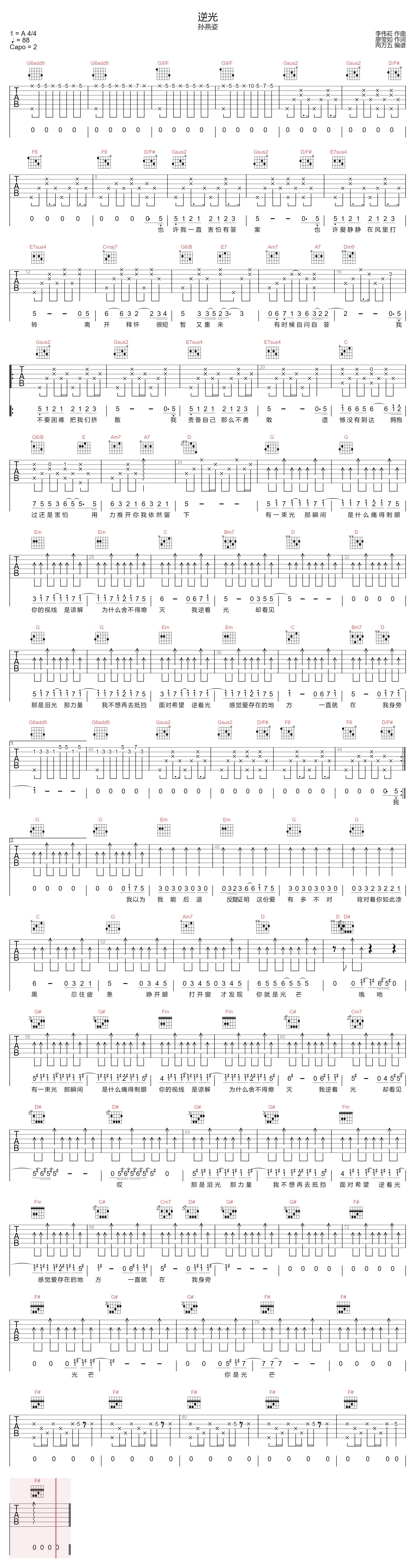 孙燕姿《逆光》吉他谱_G调指法原版弹唱谱-图1