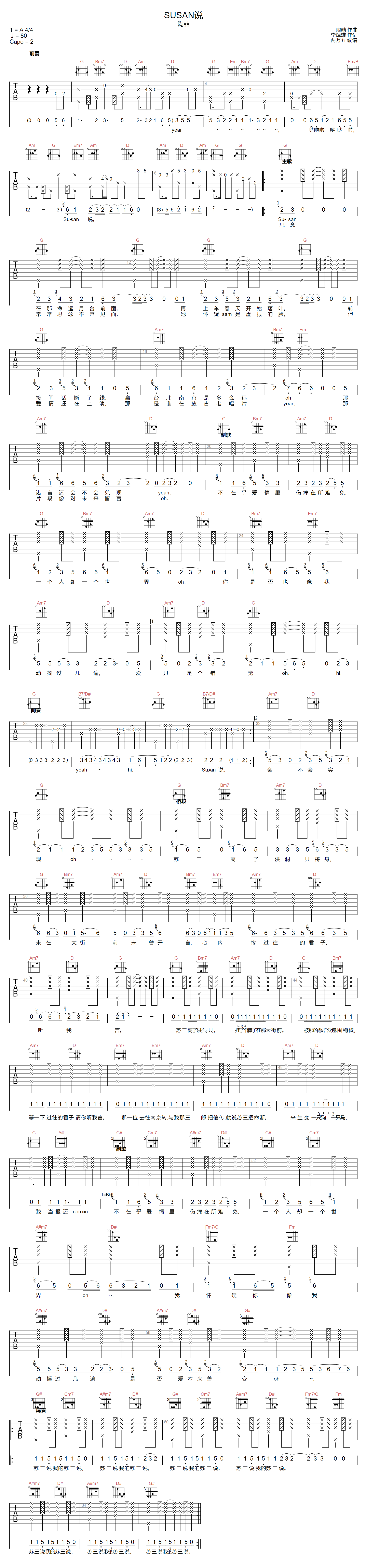 陶喆《SUSAN说》吉他谱_G调指法原版弹唱谱-图1