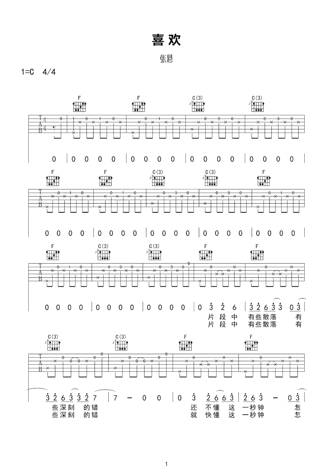 张悬《喜欢》吉他谱_C调指法原版弹唱谱-图1
