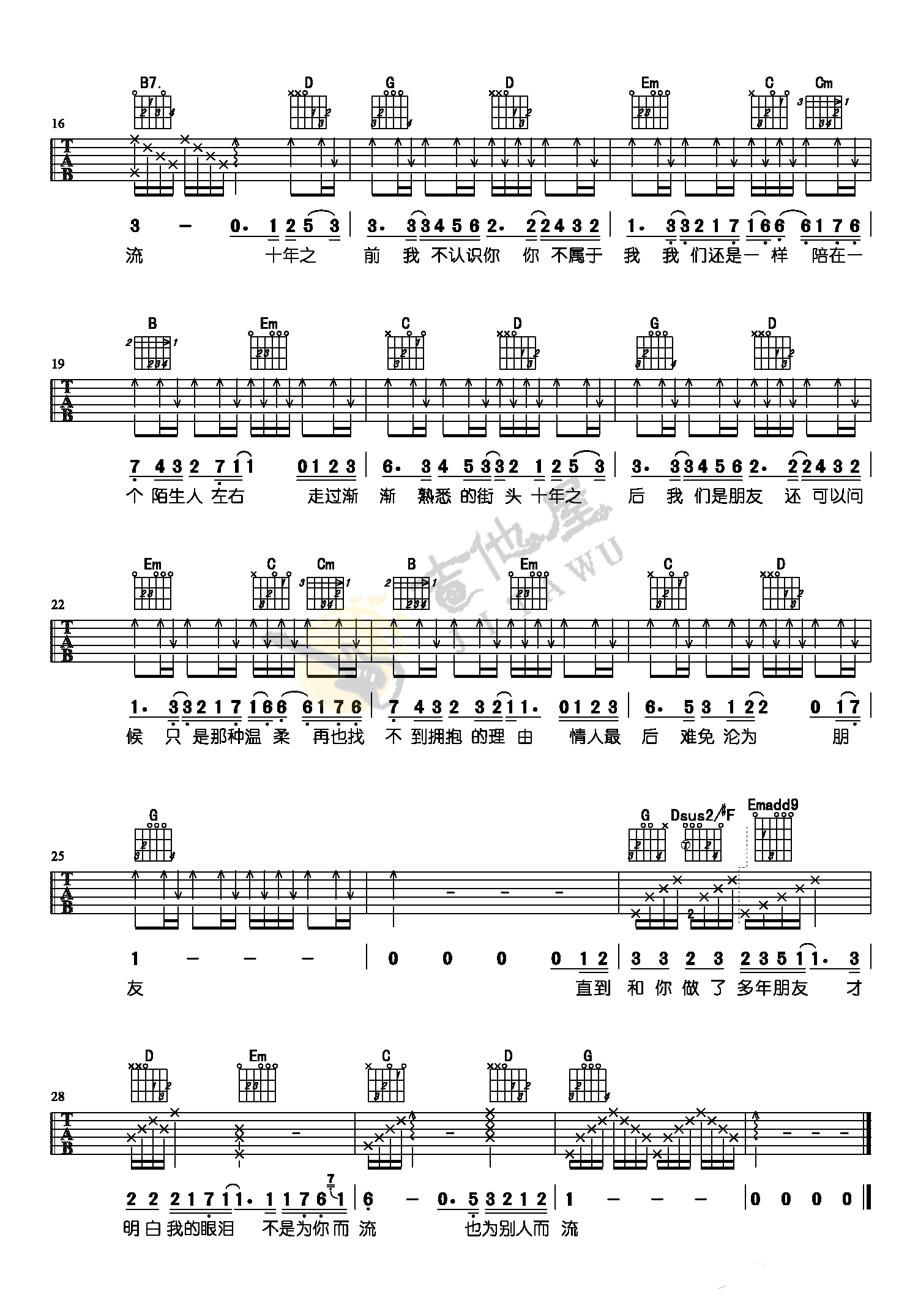 陈奕迅《十年》吉他谱_G调指法原版吉他谱_吉他弹唱示范-图2