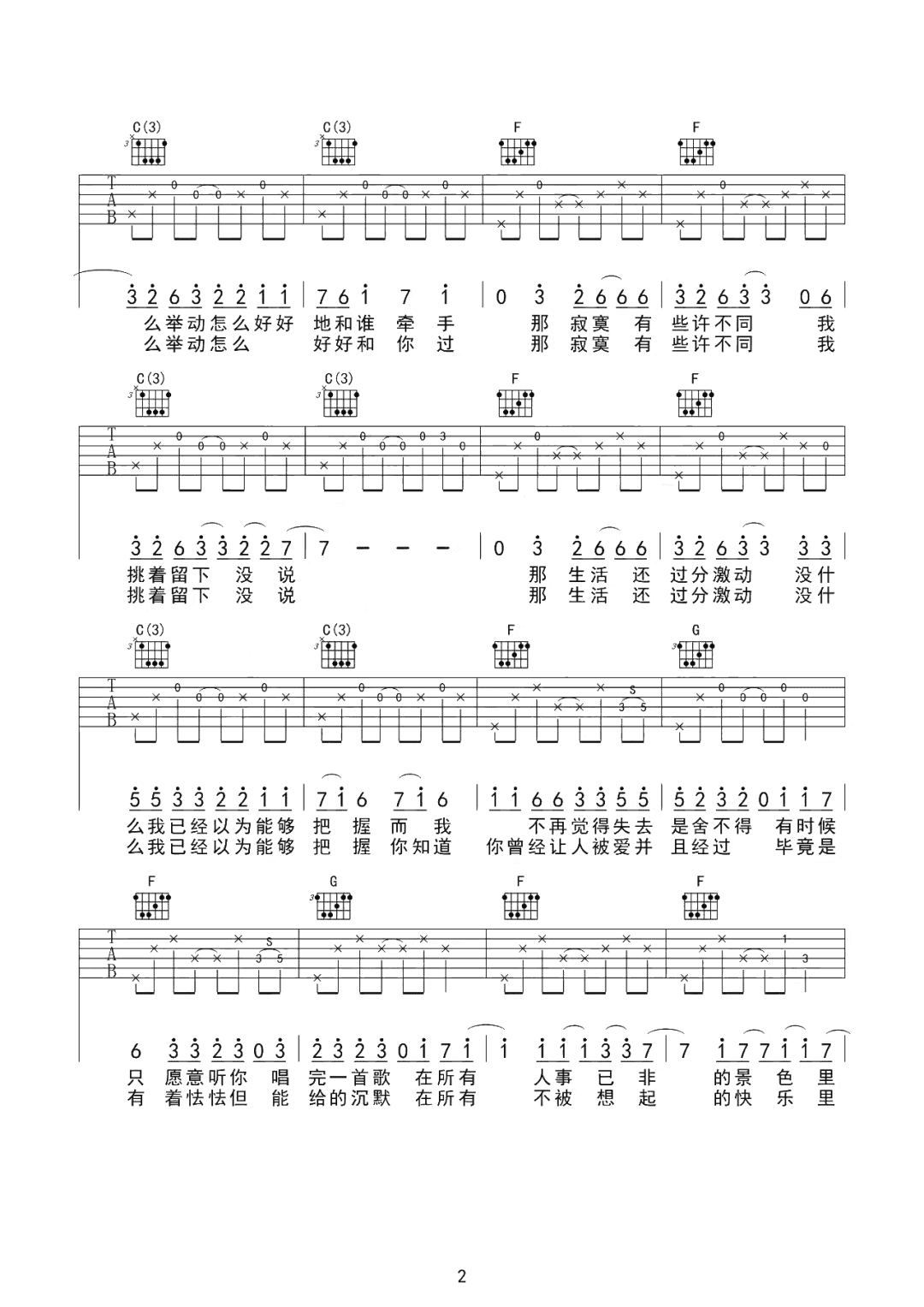 张悬《喜欢》吉他谱_C调指法原版弹唱谱-图2