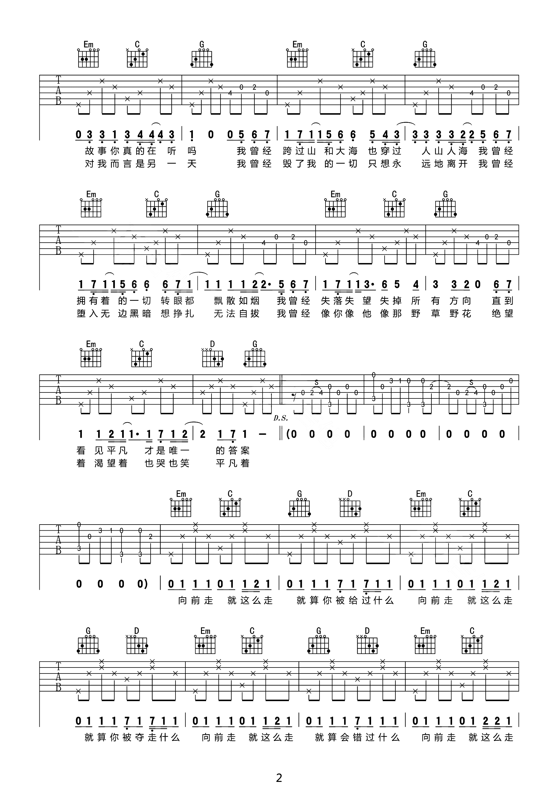 朴树《平凡之路》吉他谱_G调指法原版弹唱谱-图2