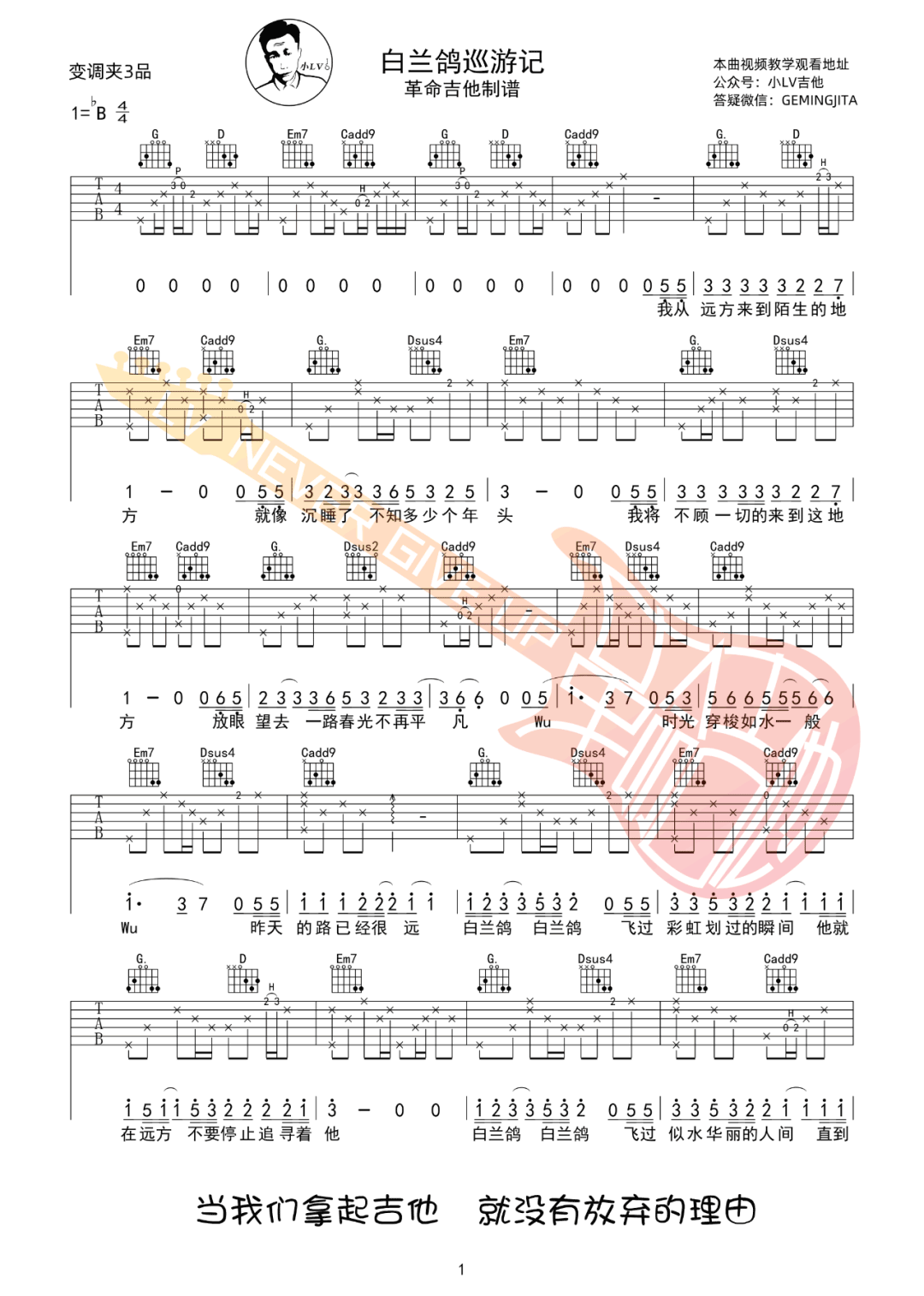 丢火车乐队《白兰鸽巡游记》吉他谱_G调指法弹唱谱-图1