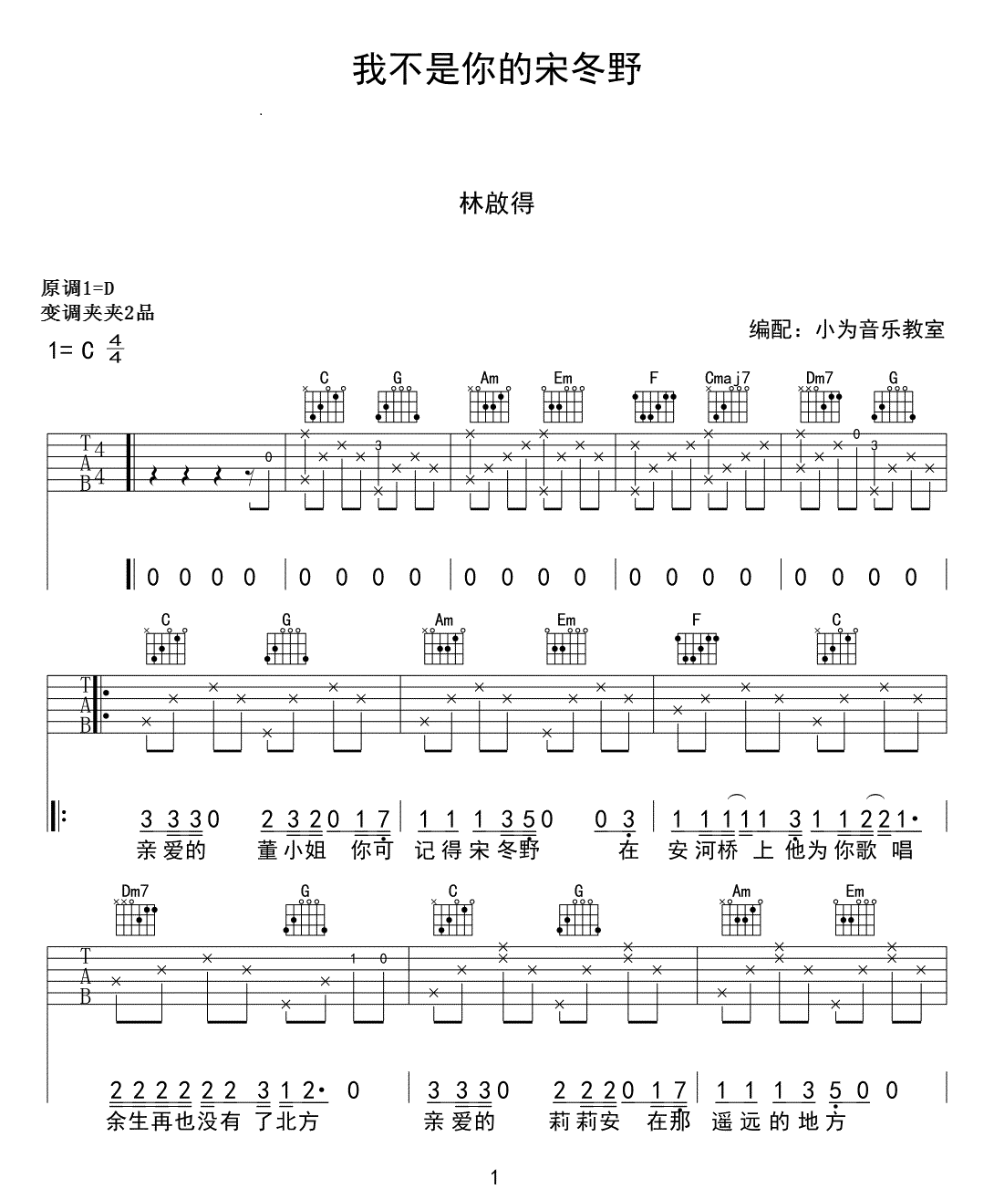 林启得《我不是你的宋冬野》吉他谱_C调原版-图1