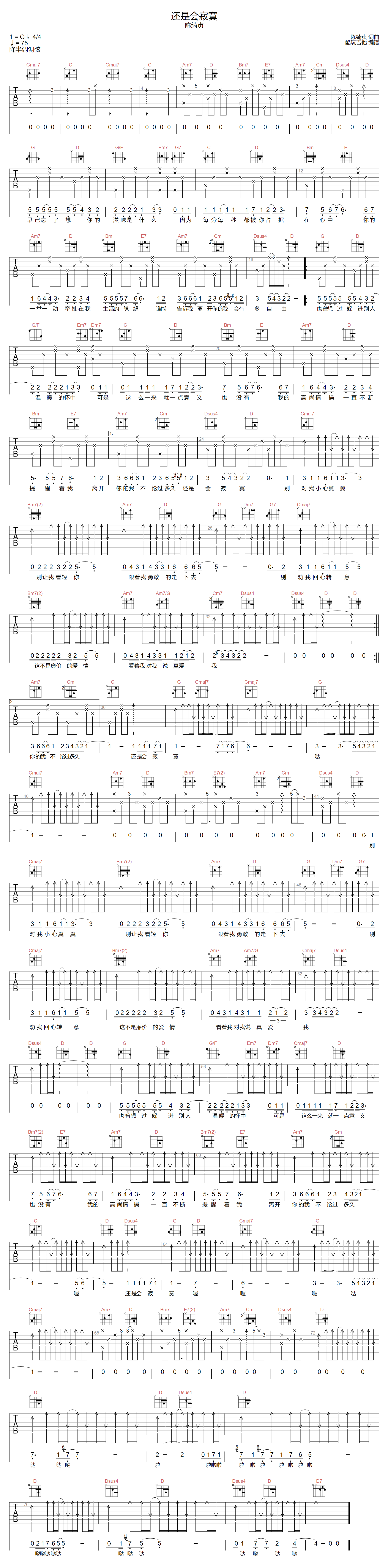 陈绮贞《还是会寂寞》吉他谱_G调指法弹唱谱-图1