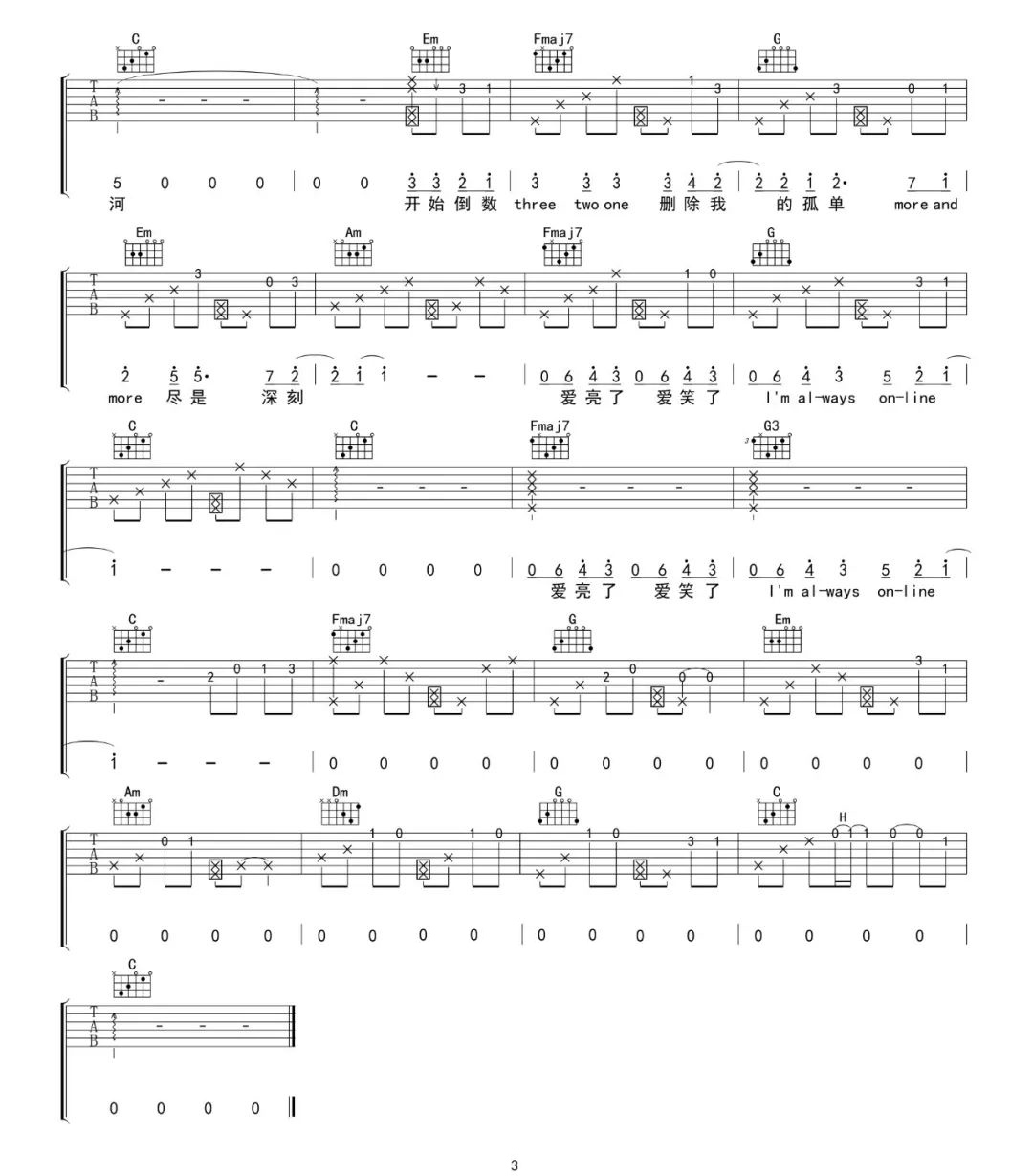 林俊杰《Always Online》吉他谱_C调原版弹唱谱-图3