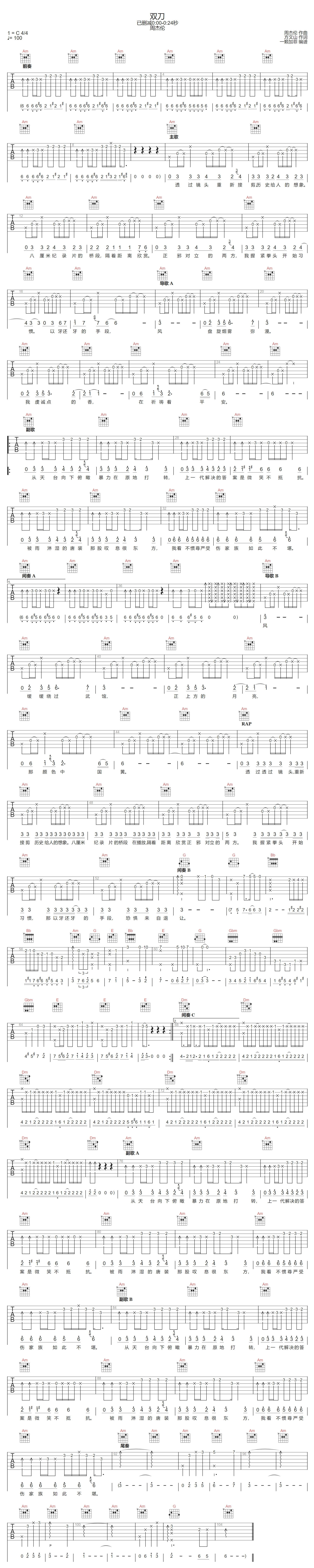 周杰伦《双刀》吉他谱_C调指法原版弹唱谱-图1