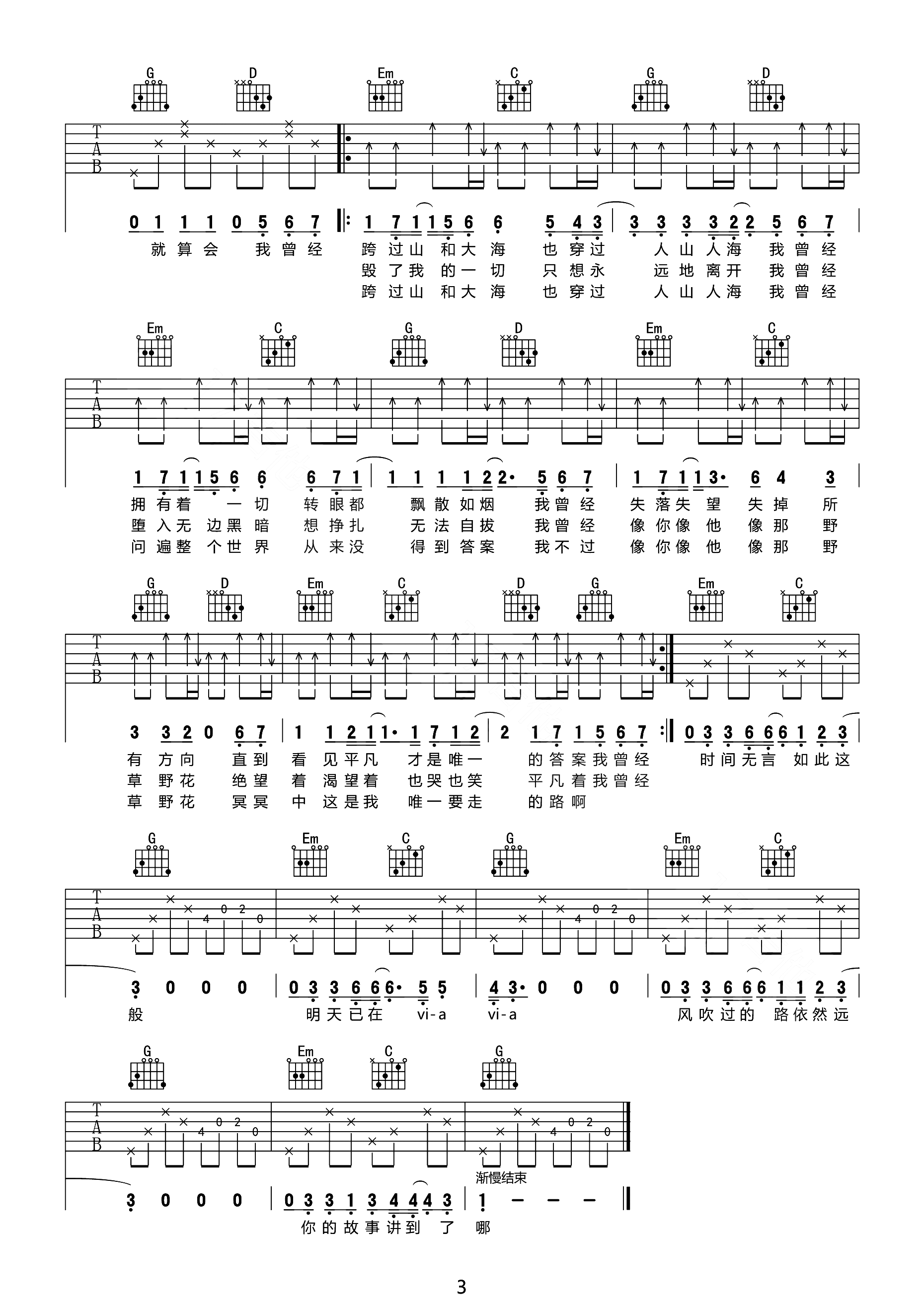 朴树《平凡之路》吉他谱_G调指法原版弹唱谱-图3