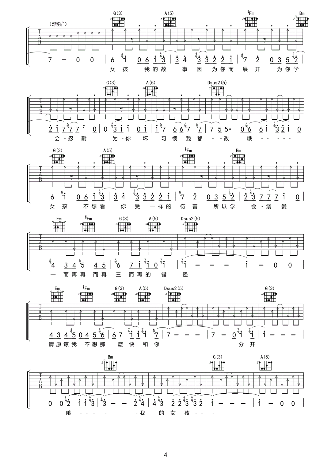 韦礼安《女孩》吉他谱_D调原版弹唱谱-图4