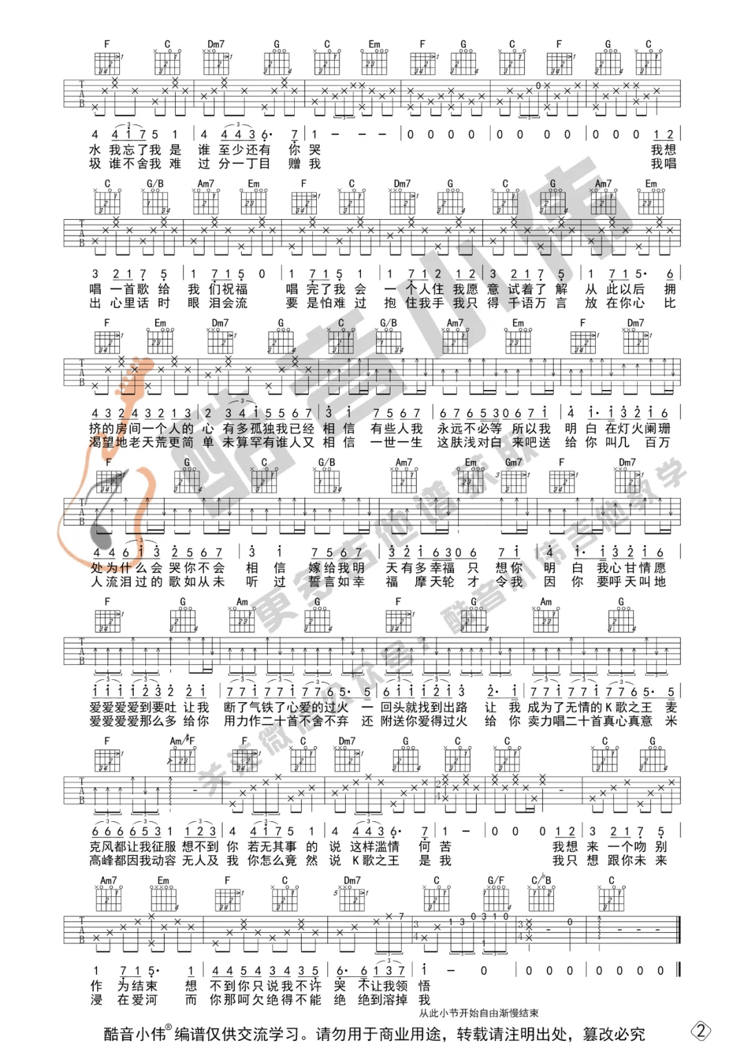 陈奕迅《K歌之王》吉他谱_C调指法原版弹唱谱-图2