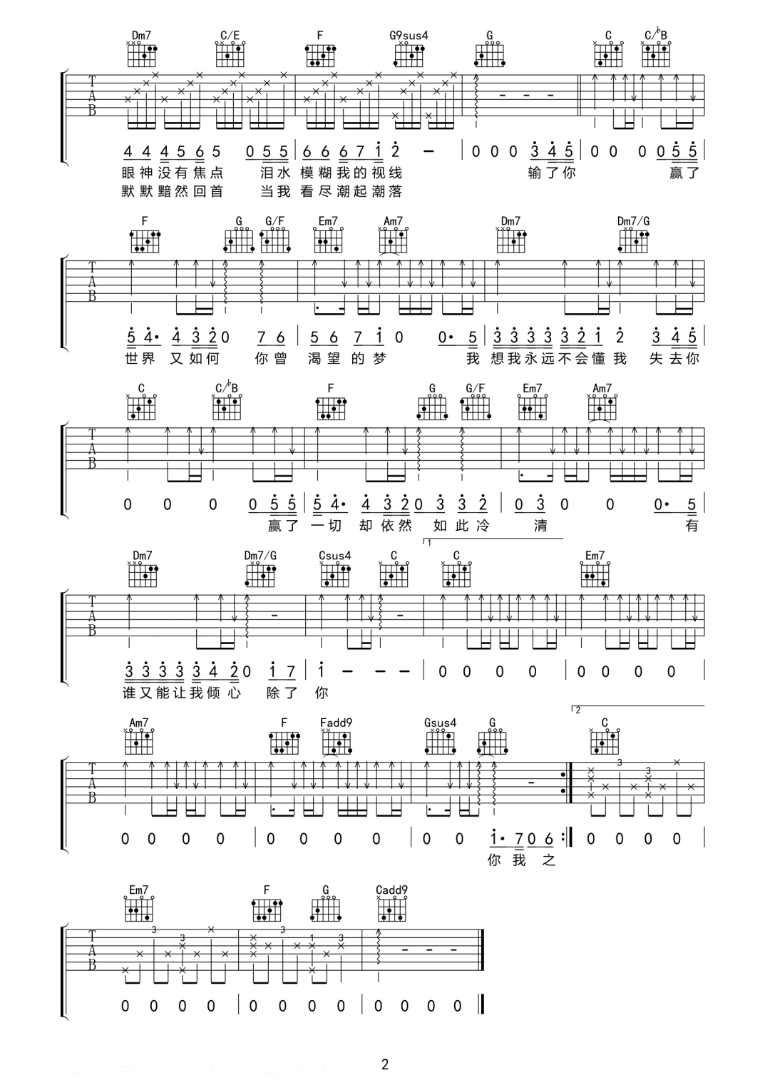 林俊杰《输了你赢了世界又如何》吉他谱_C调弹唱谱-图2
