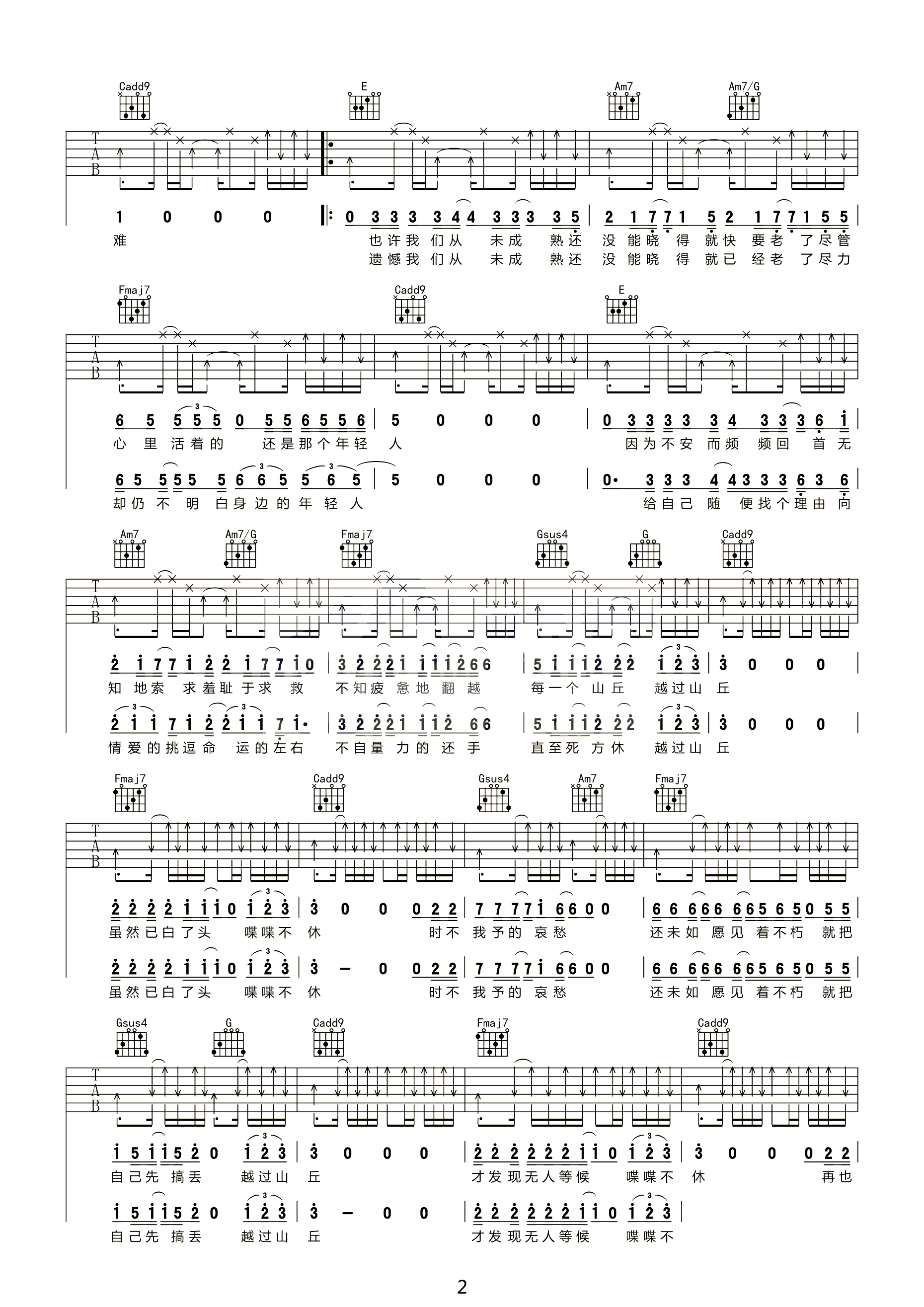 李宗盛《山丘》吉他谱_C调指法原版弹唱谱-图2