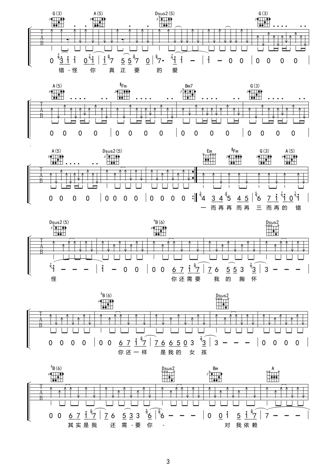 韦礼安《女孩》吉他谱_D调原版弹唱谱-图3