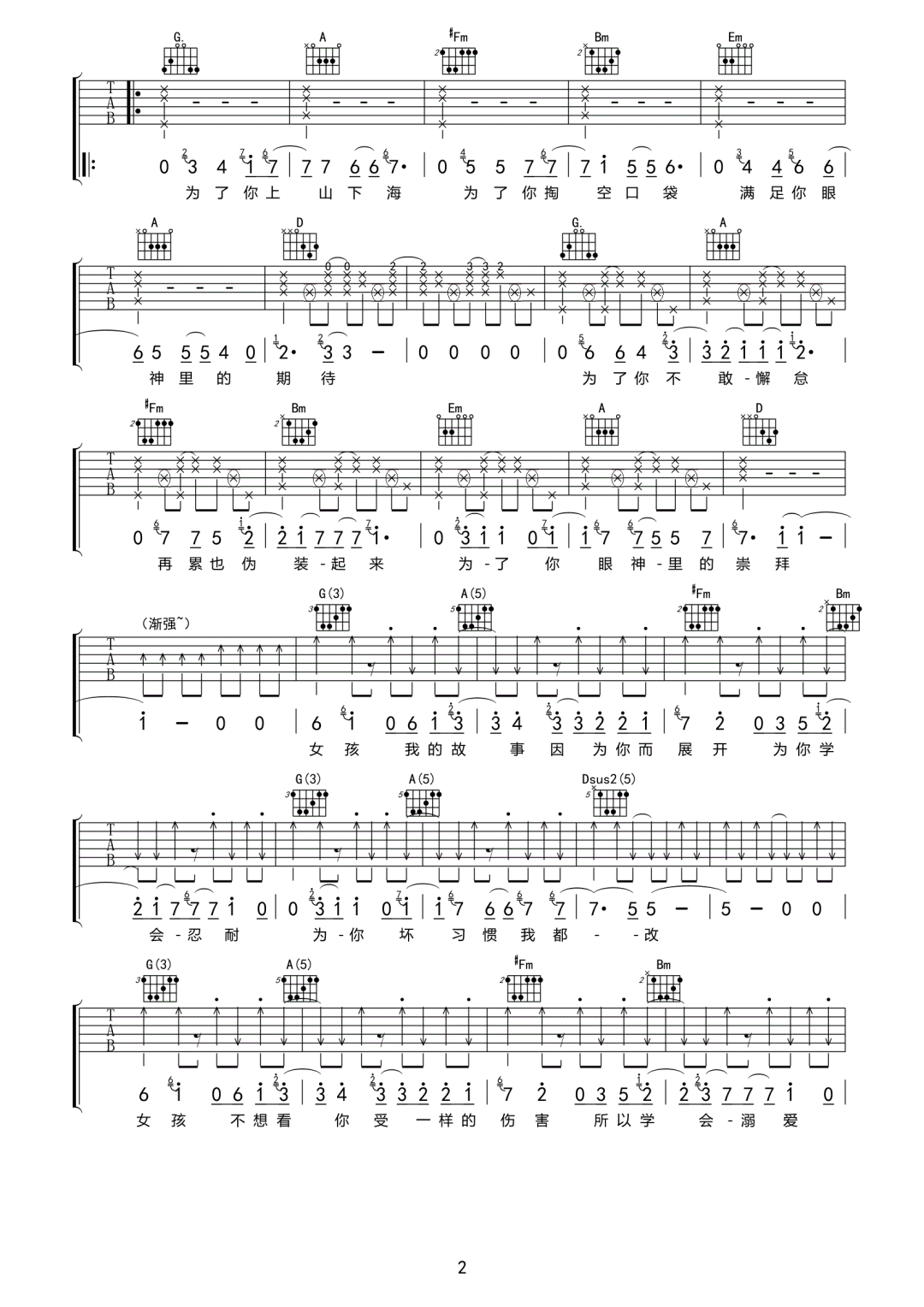 韦礼安《女孩》吉他谱_D调原版弹唱谱-图2