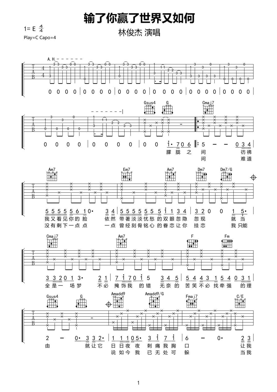 林俊杰《输了你赢了世界又如何》吉他谱_C调弹唱谱-图1