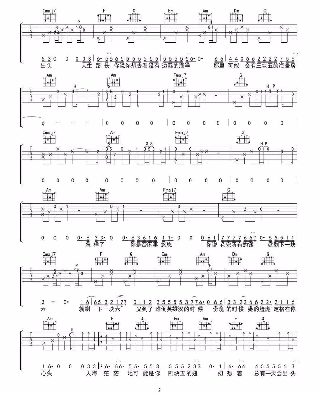 隔壁老樊《四块五》吉他谱_C调原版弹唱谱-图2