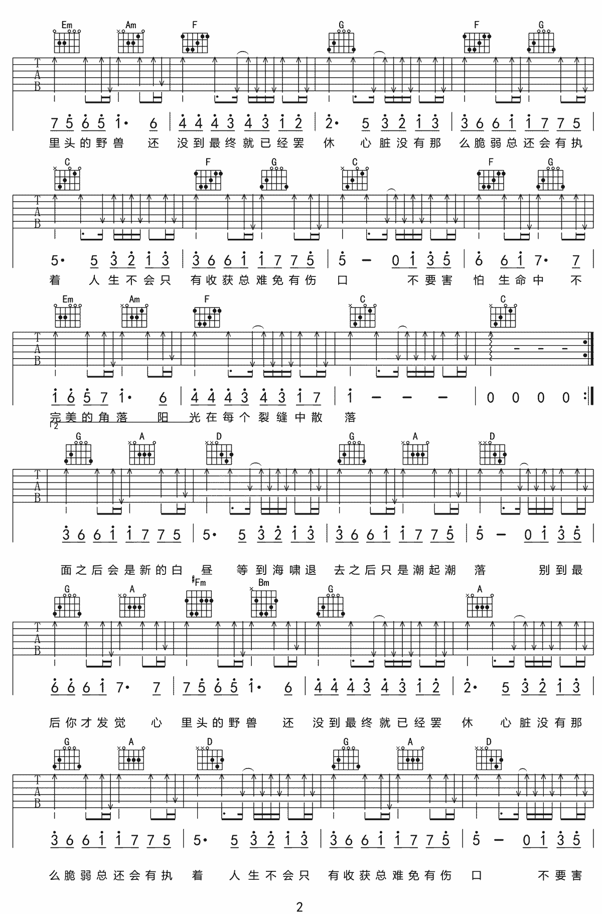 林俊杰《裂缝中的阳光》吉他谱_C调原版弹唱谱-图2