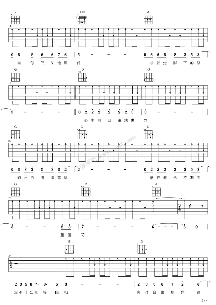 许巍《蓝莲花》吉他谱_D调扫弦版弹唱谱-图2