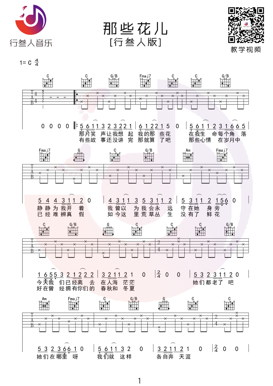 朴树《那些花儿》吉他谱_C调指法简单版弹唱谱-图1