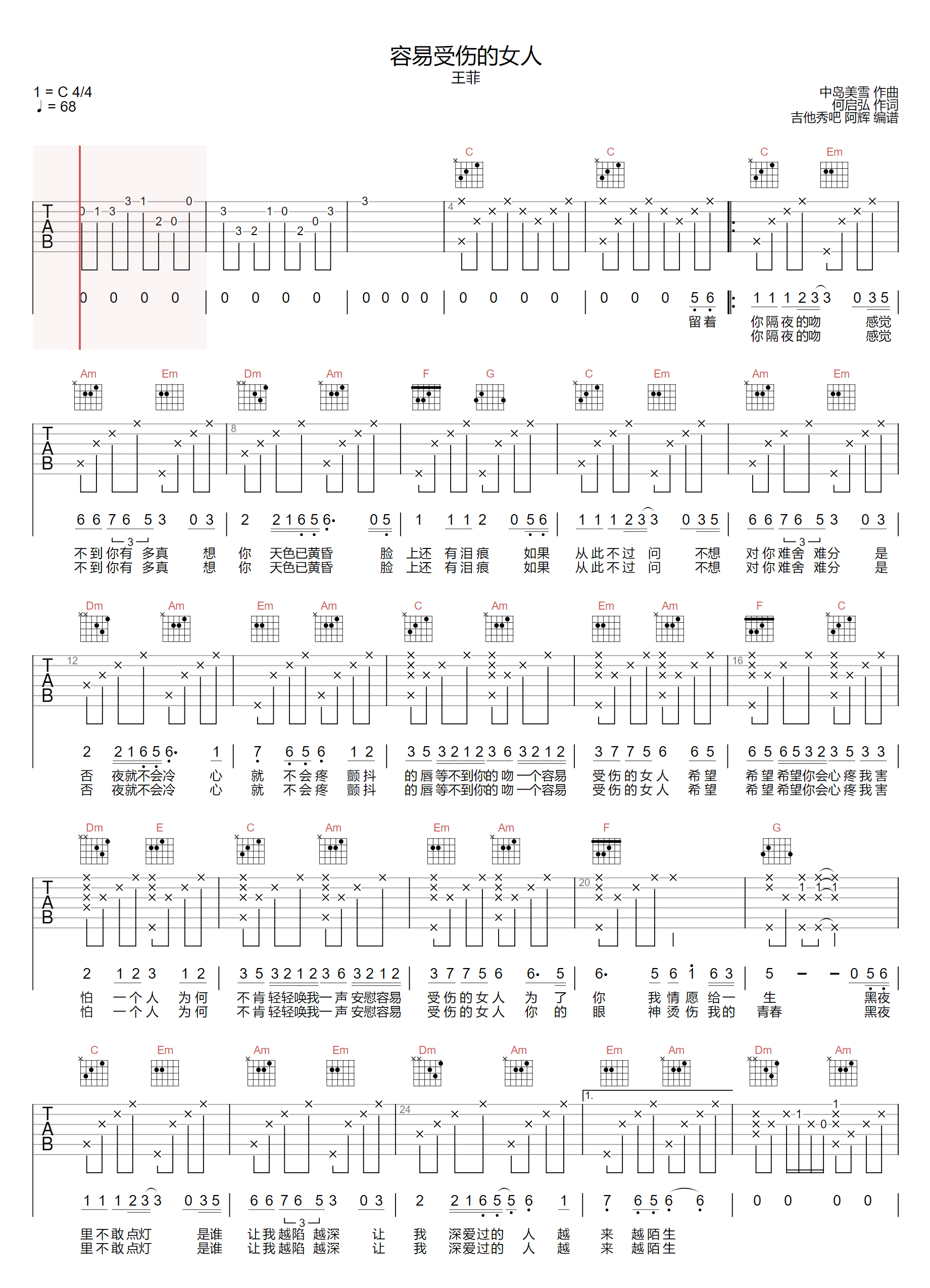 王菲《容易受伤的女人》吉他谱_C调原版弹唱谱-图1