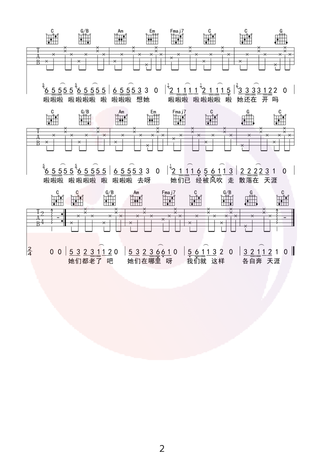 朴树《那些花儿》吉他谱_C调指法简单版弹唱谱-图2