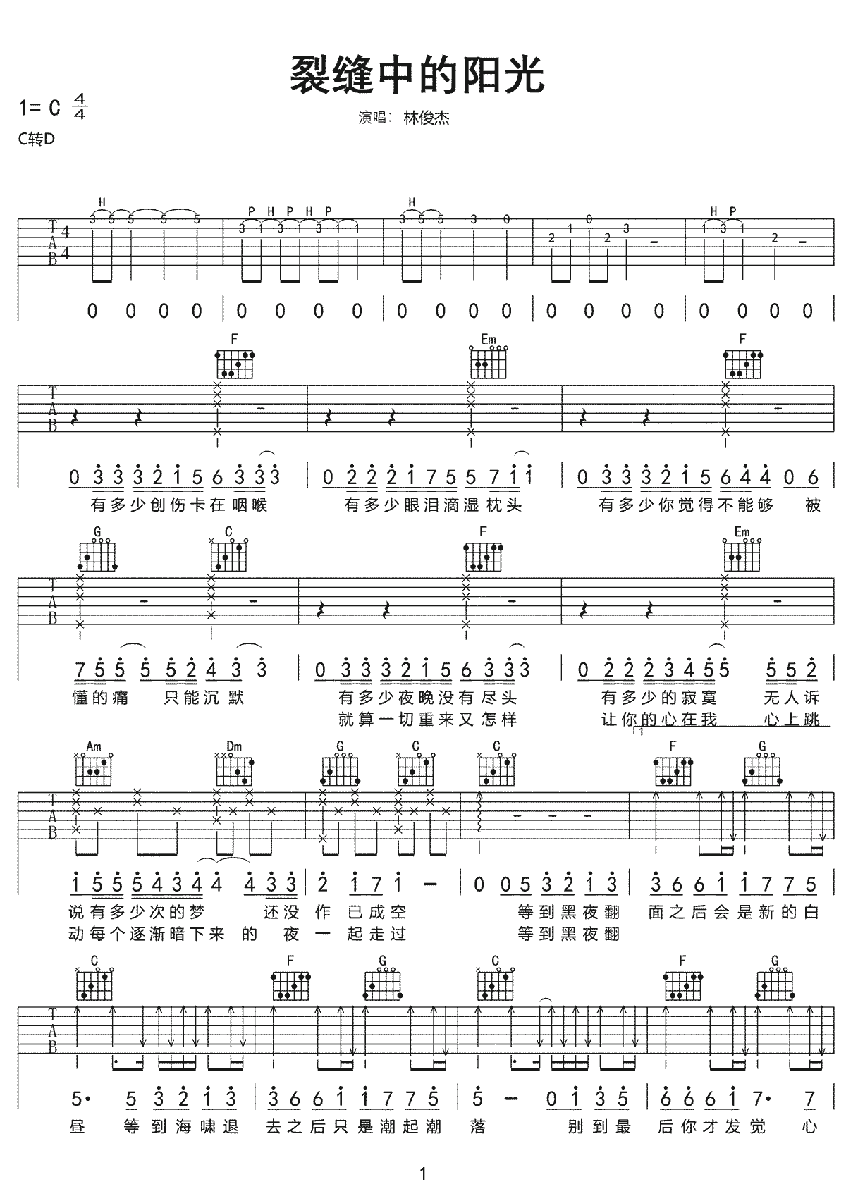林俊杰《裂缝中的阳光》吉他谱_C调原版弹唱谱-图1