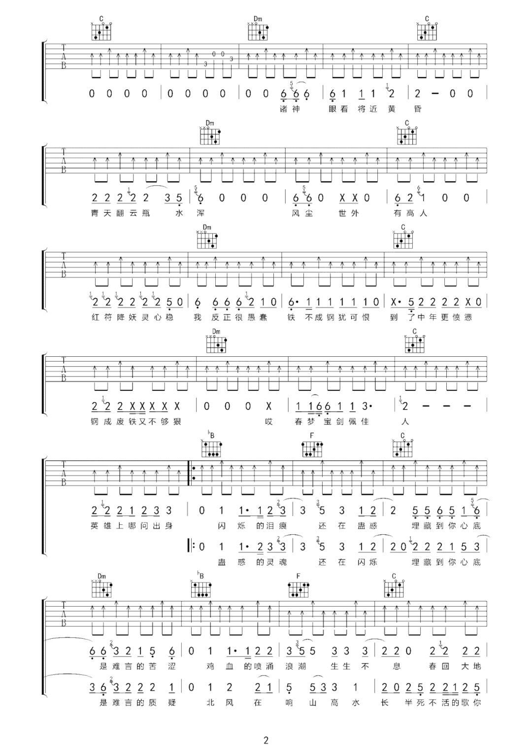 刘森《叫魂》吉他谱_F调扫弦版弹唱谱-图2