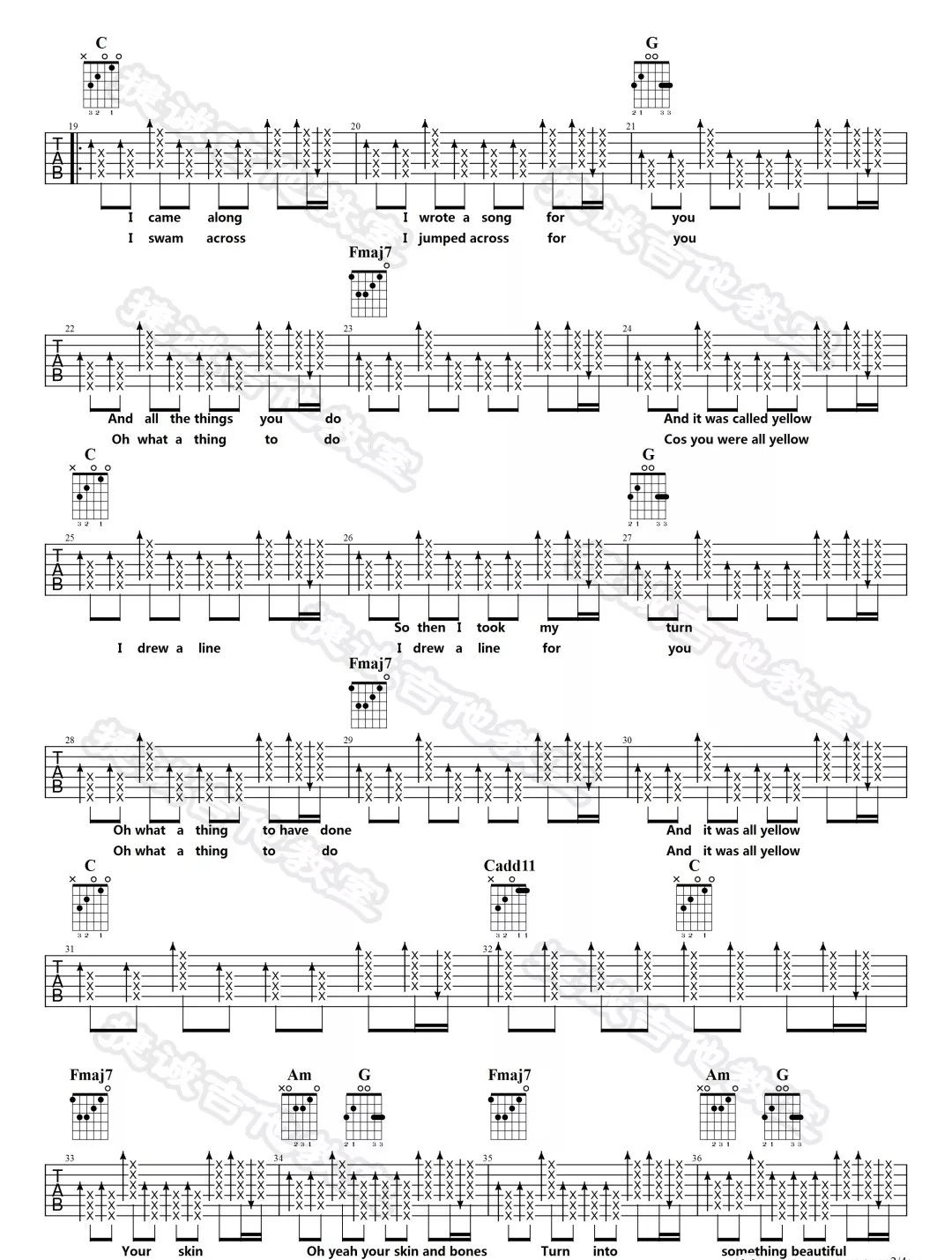 Coldplay《Yellow》吉他谱_C调原版弹唱谱-图2