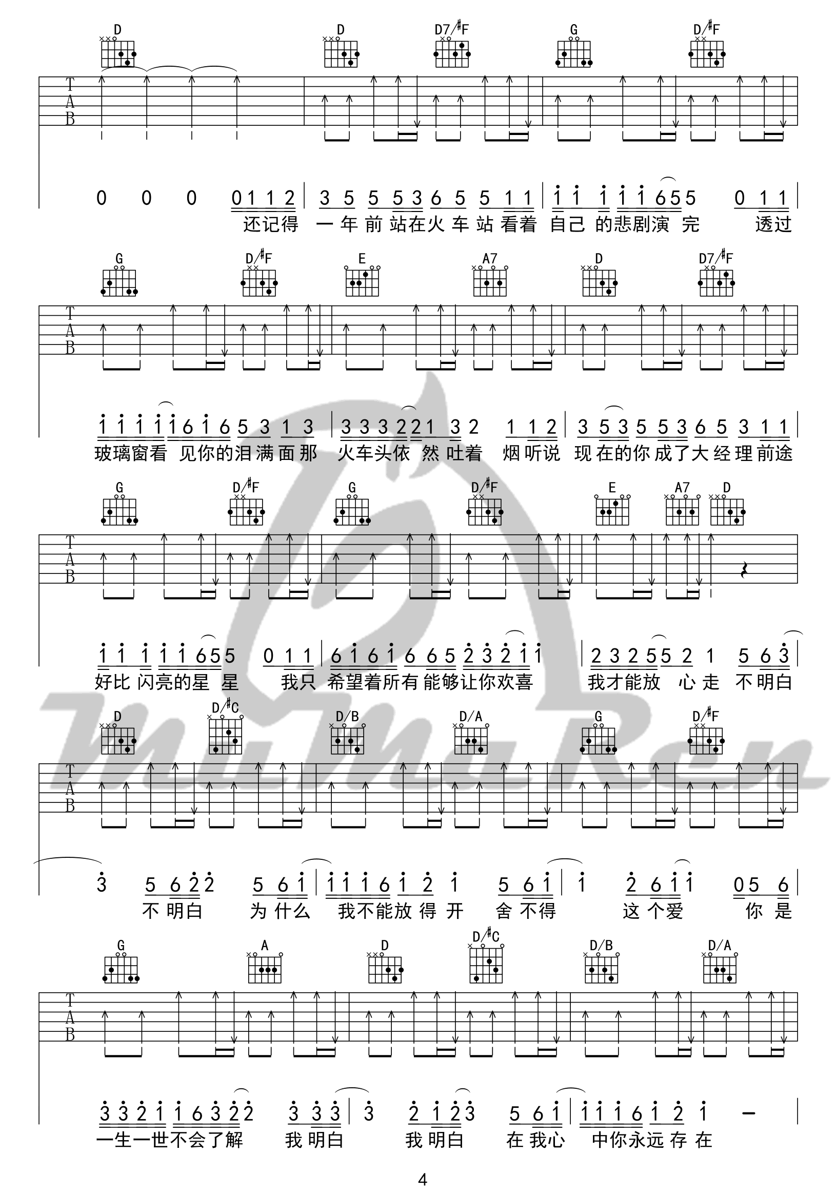 陶喆《小镇姑娘》吉他谱_D调扫弦版弹唱谱-图4