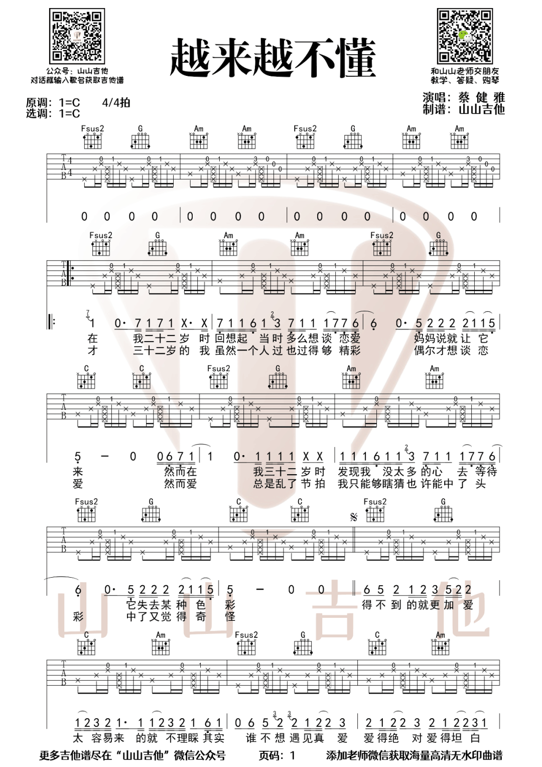 蔡健雅《越来越不懂》吉他谱_C调拍弦版弹唱谱-图1