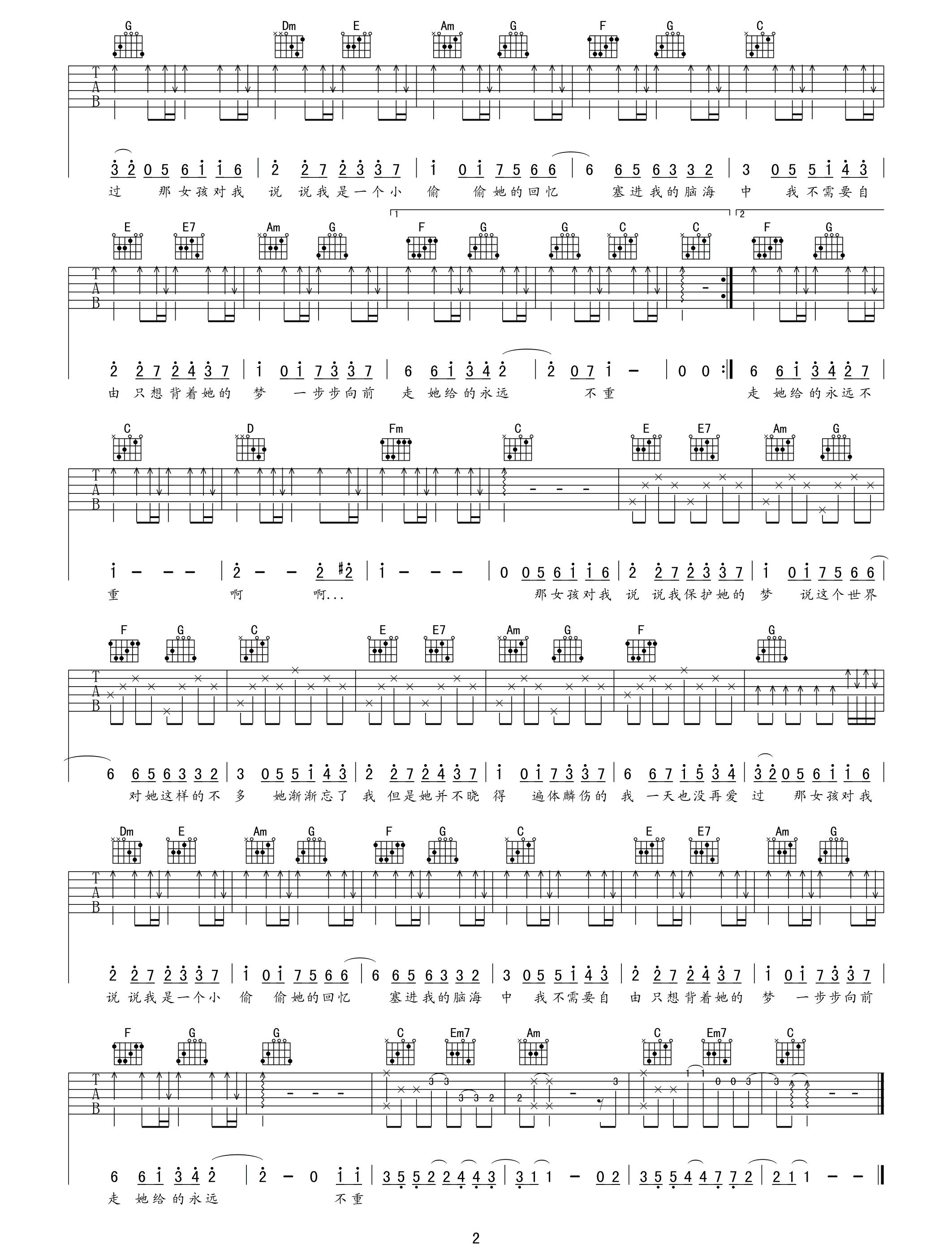 黄义达《那女孩对我说》吉他谱_C调原版弹唱谱-图2