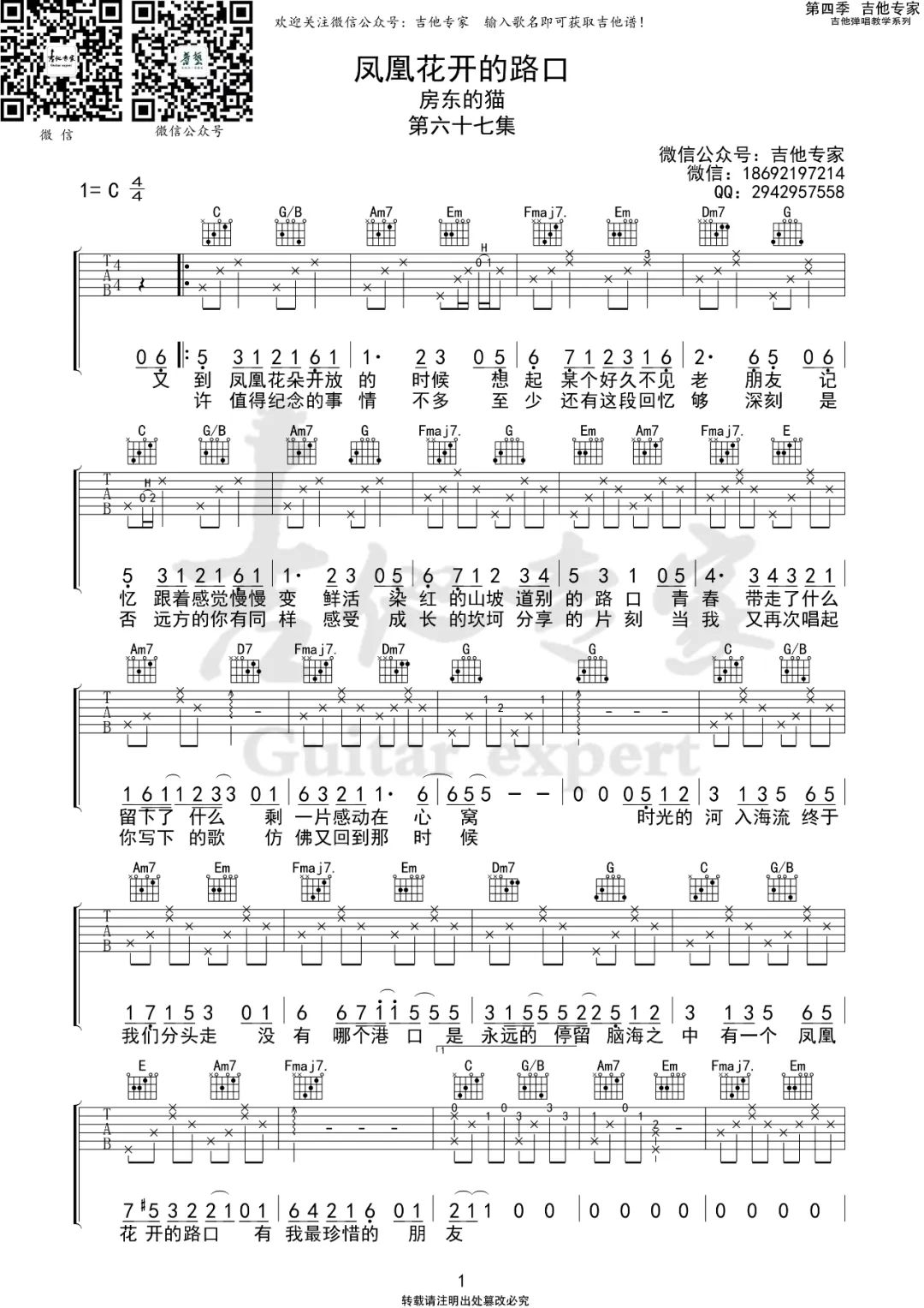 房东的猫《凤凰花开的路口》吉他谱_C调简单版弹唱谱-图1