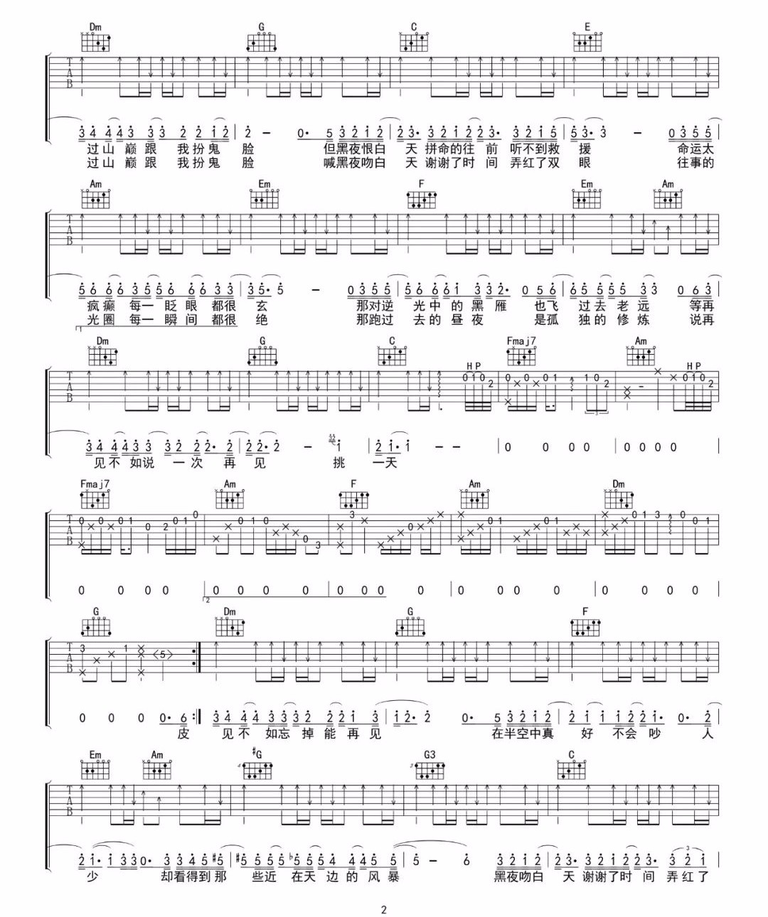 林俊杰《黑夜问白天》吉他谱_C调原版弹唱谱-图2