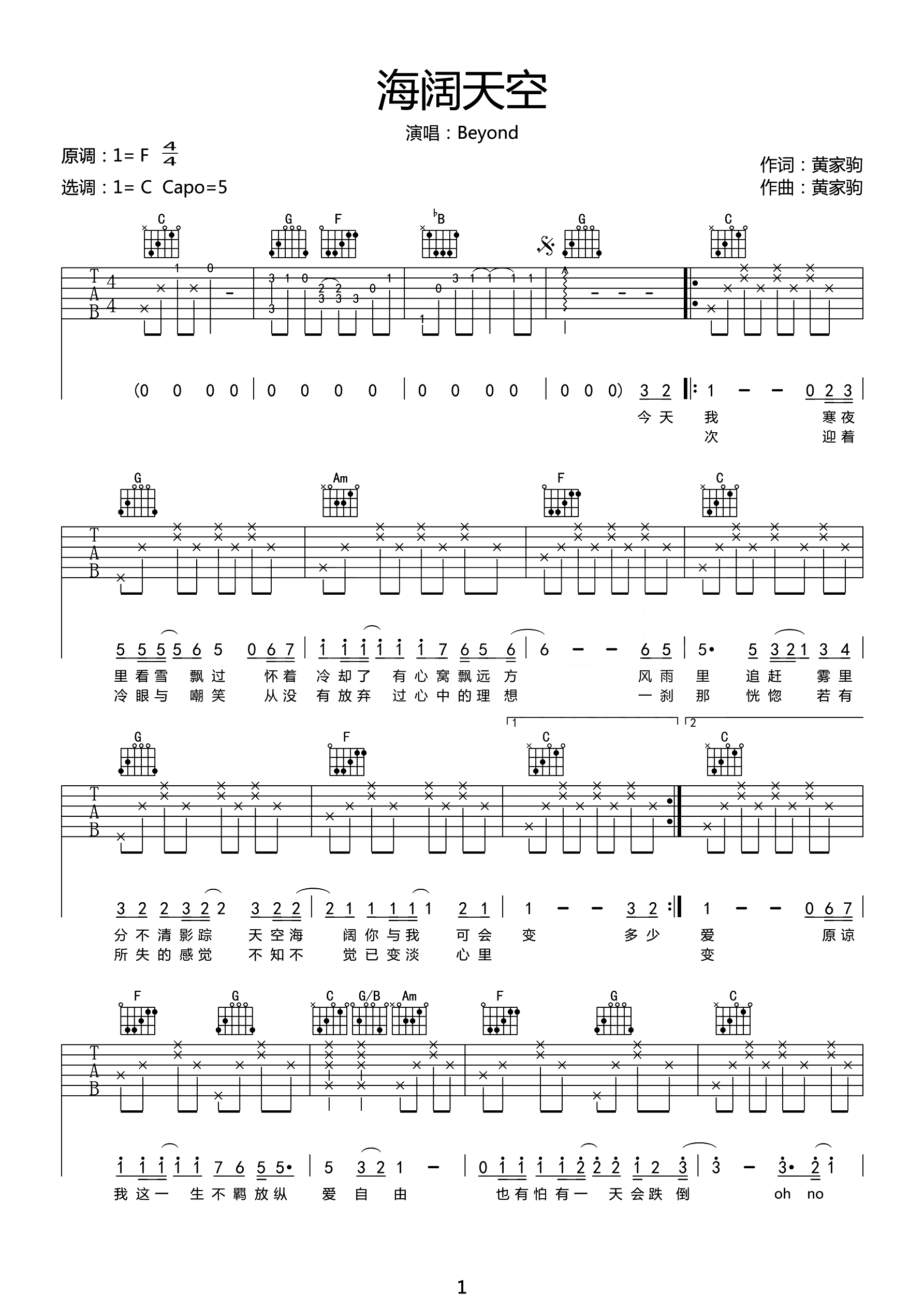 Beyond《海阔天空》吉他谱_C调简单版弹唱谱-图1