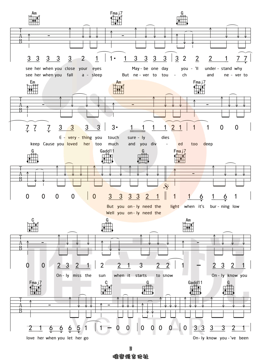 Passenger《Let Her Go》吉他谱_C调原版弹唱谱-图3
