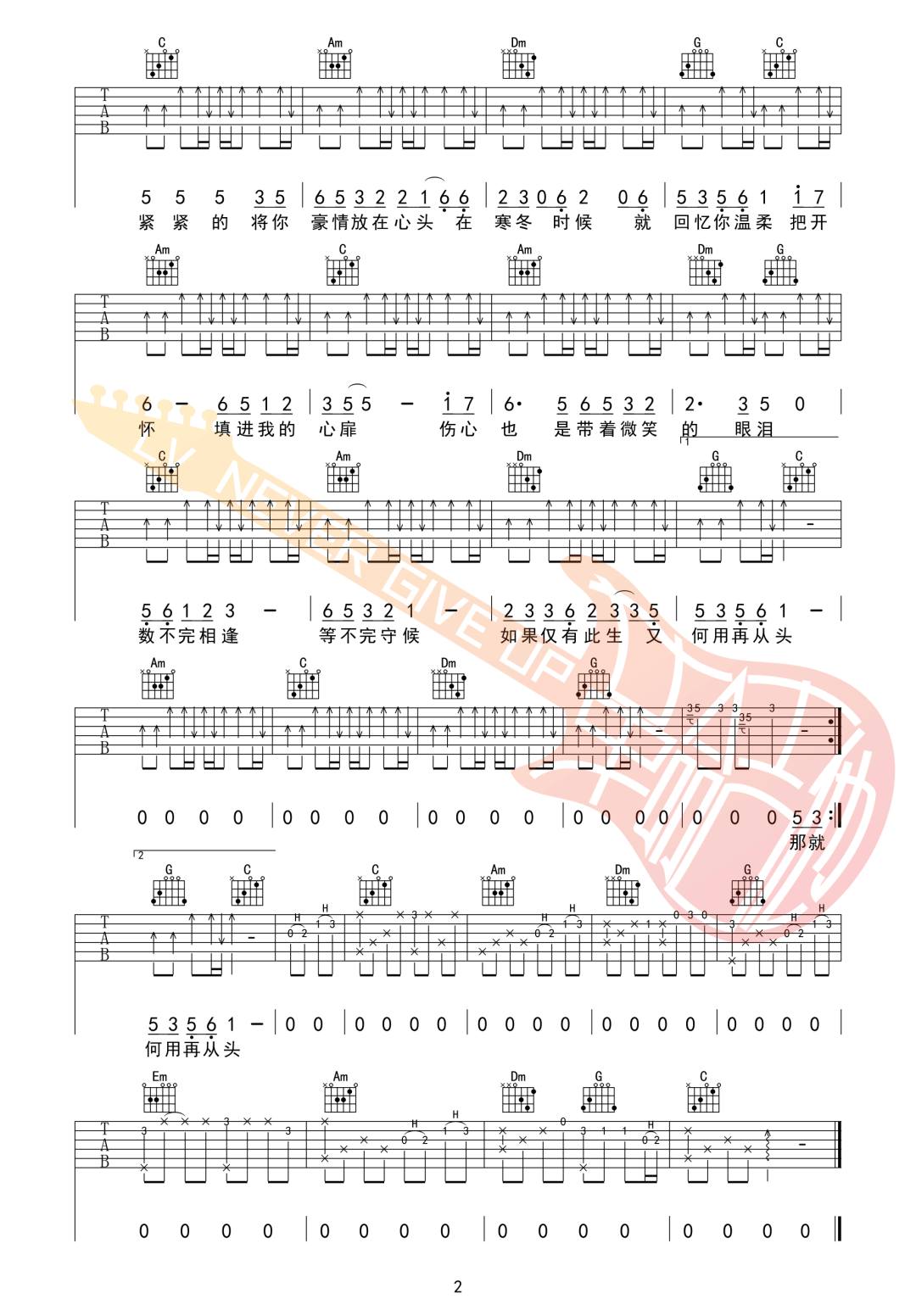 伍佰《突然的自我》吉他谱_C调原版弹唱谱-图2