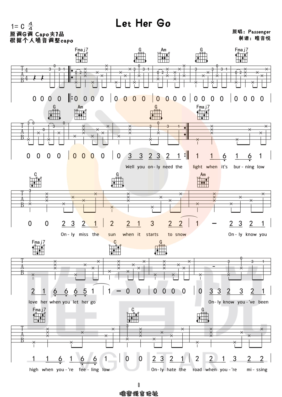 Passenger《Let Her Go》吉他谱_C调原版弹唱谱-图1