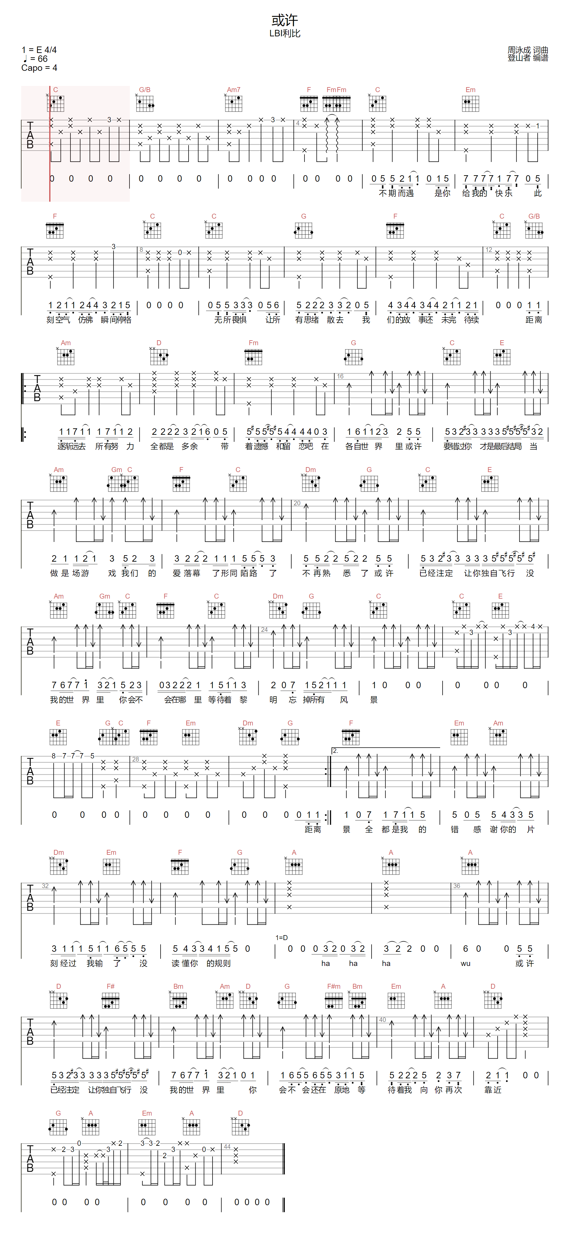 LBI利比《或许》吉他谱_C调原版弹唱谱-图1