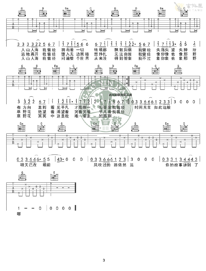 朴树《平凡之路》吉他谱_G调简单版弹唱谱-图2