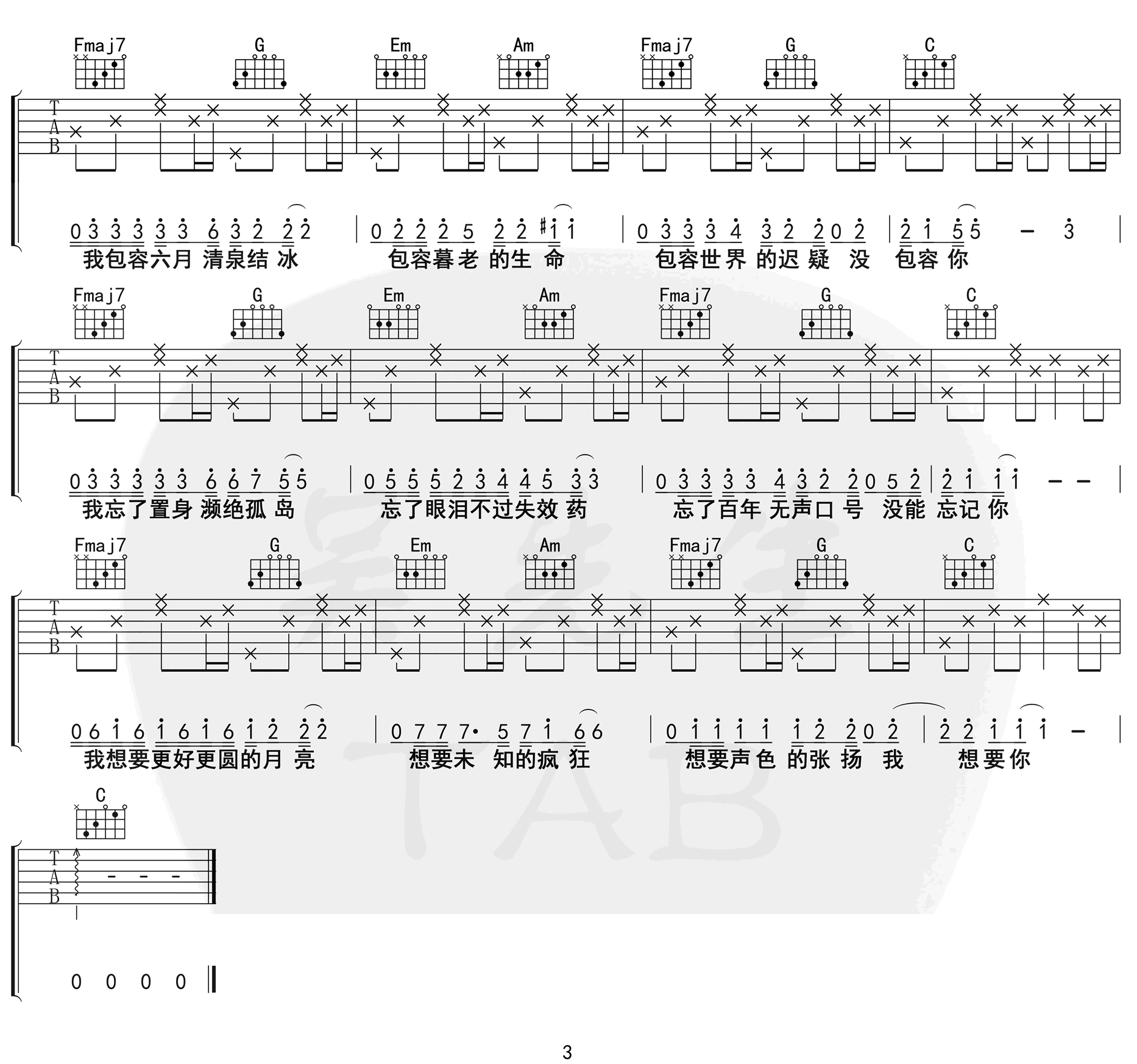 陈粒《奇妙能力歌》吉他谱_C调弹唱谱-图3